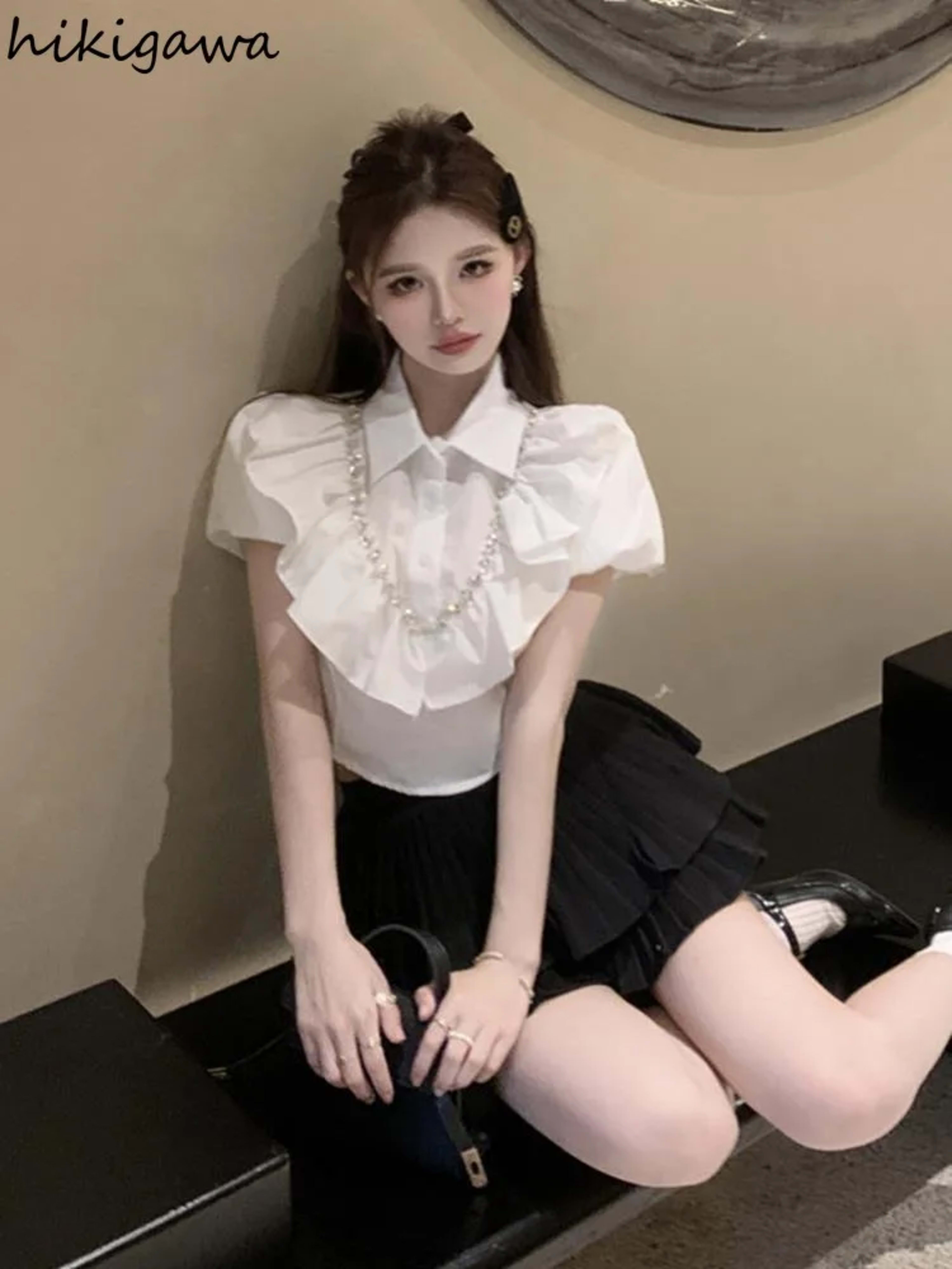 White Women Blouses 2025 Blusas Mujer De Moda Puff Sleeve Slim Fit Heavy Diamond Crop Tops Ruffles Sweet Summer Blouse S 2
