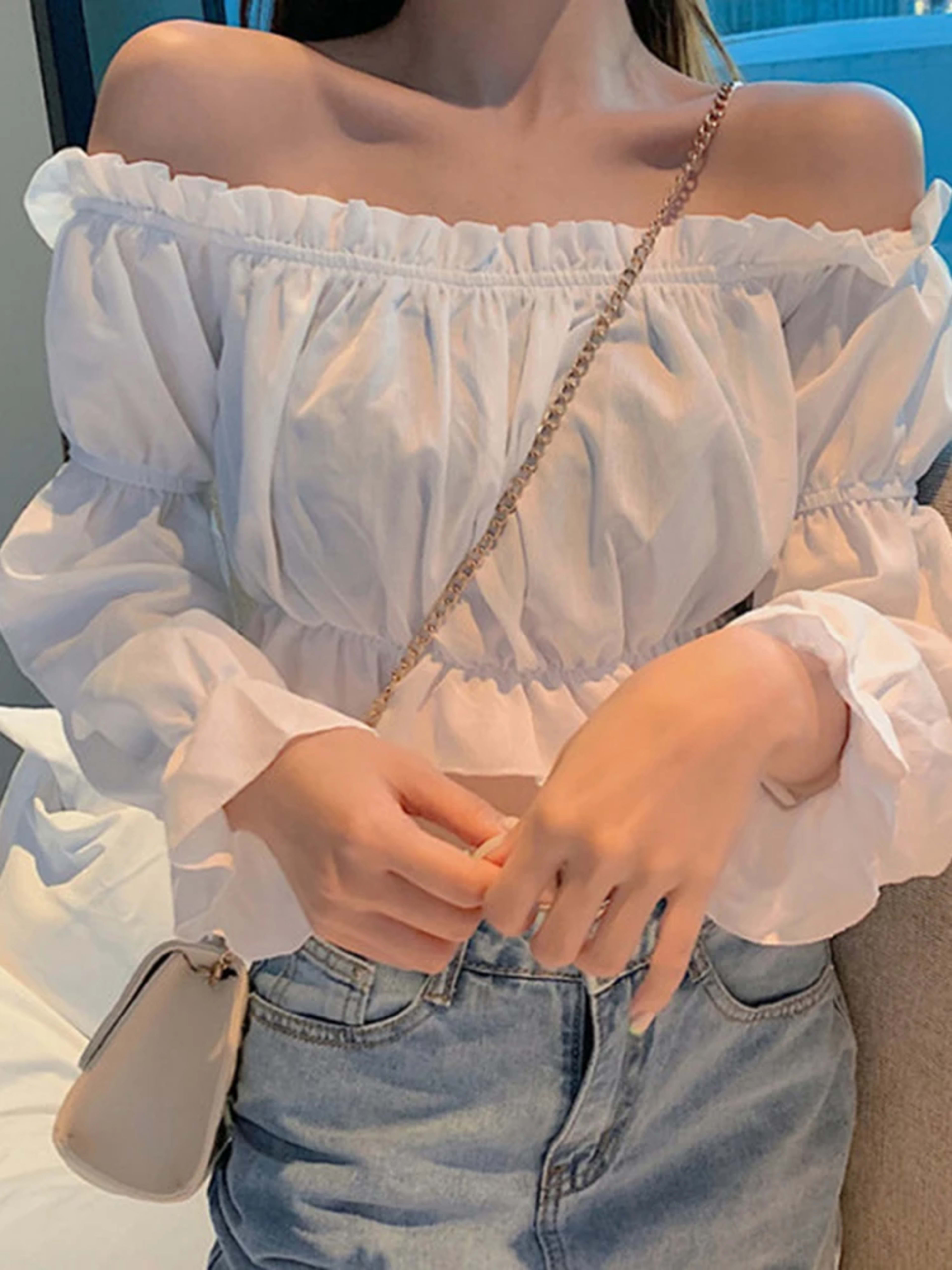 Women Top Sexy Blouse Off Shoulder Top Long Sleeve Solid Color White Shirt Puff Sleeve Ruffle Tunic Crop Top Summer Tube 5