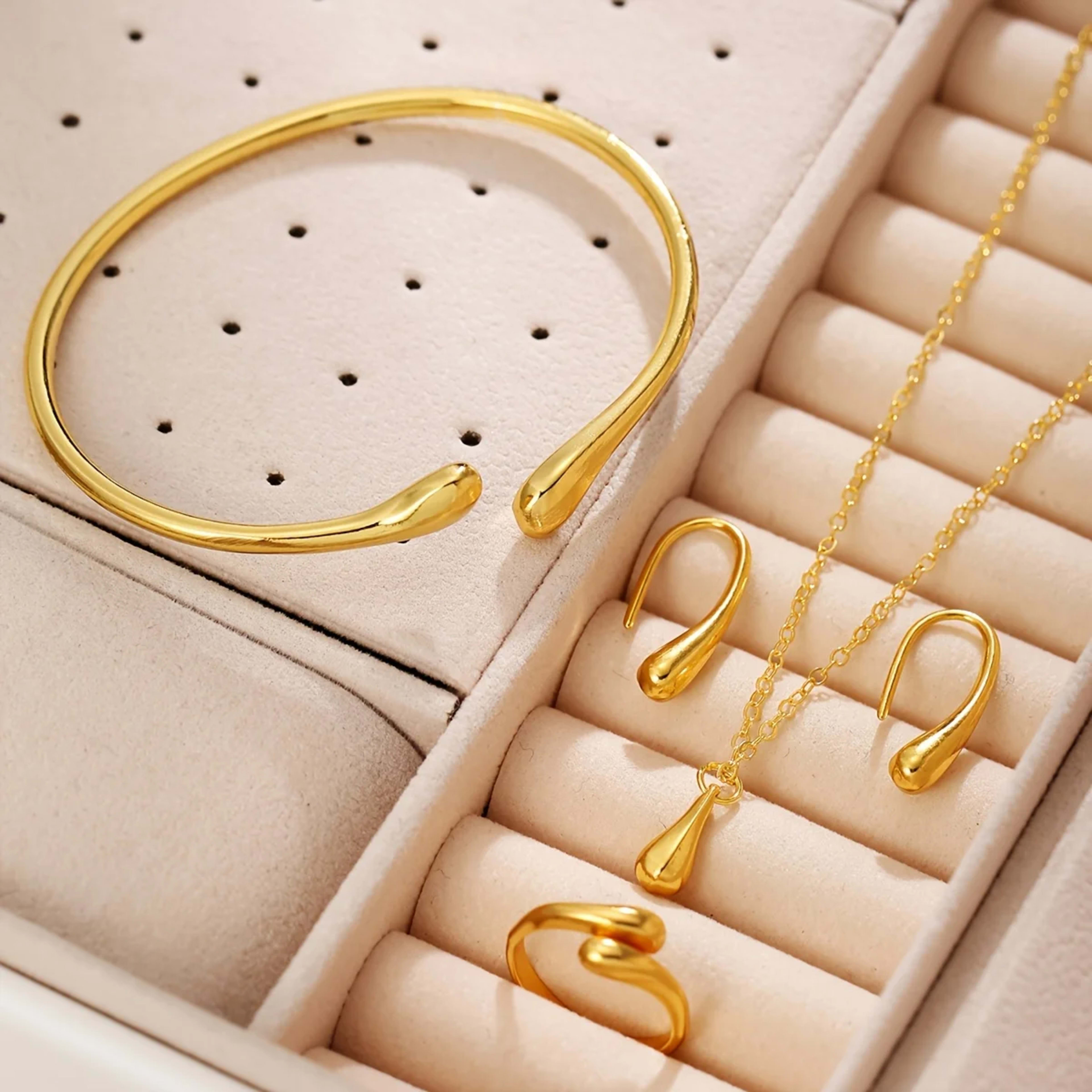 Women's Elegant Jewelry Set: Gold Quartz Watch + Bangle + Ring + Drop Pendant Necklace + Earrings, 6Pcs Set 6