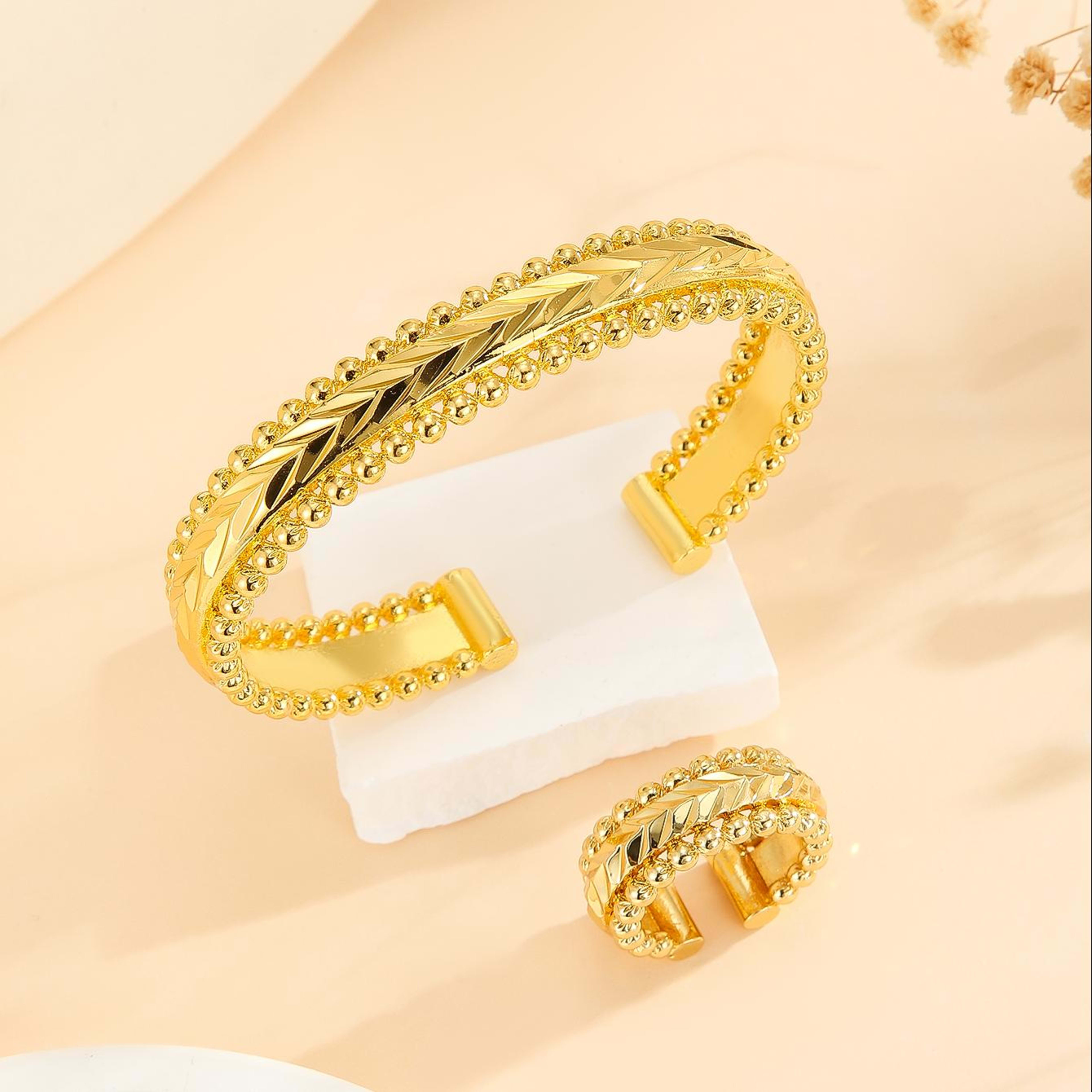 2pcs Vintage Gold Plated Bracelet, Open Bracelet Ring Jewelry, Women's Festival Wedding Jewelry Set 4