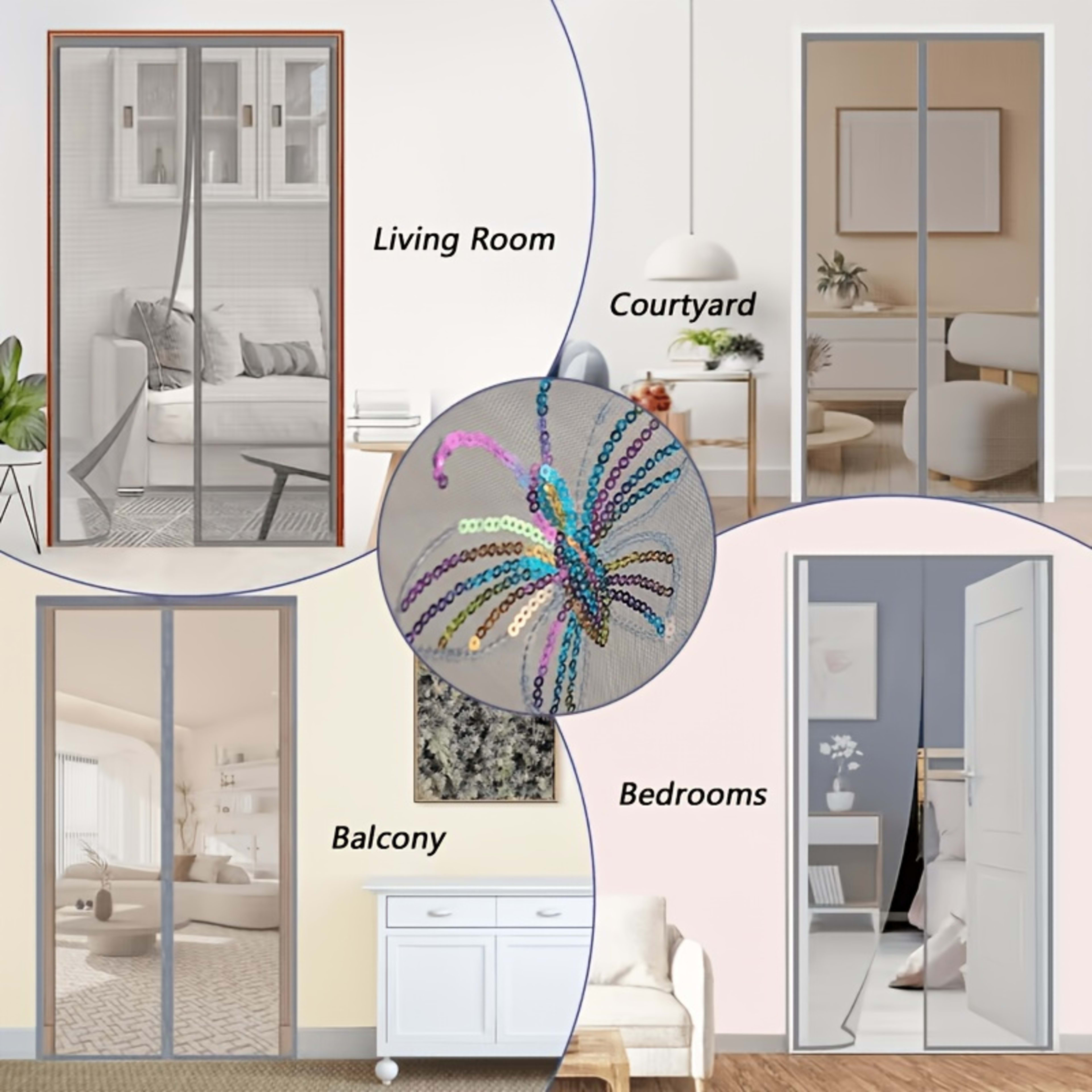 Durable Mosquito Mesh Door, Butterfly Embroidery, Magnetic Auto-Close, Thick Net, Self-Adhesive, Easy Install, Bedroom,  7