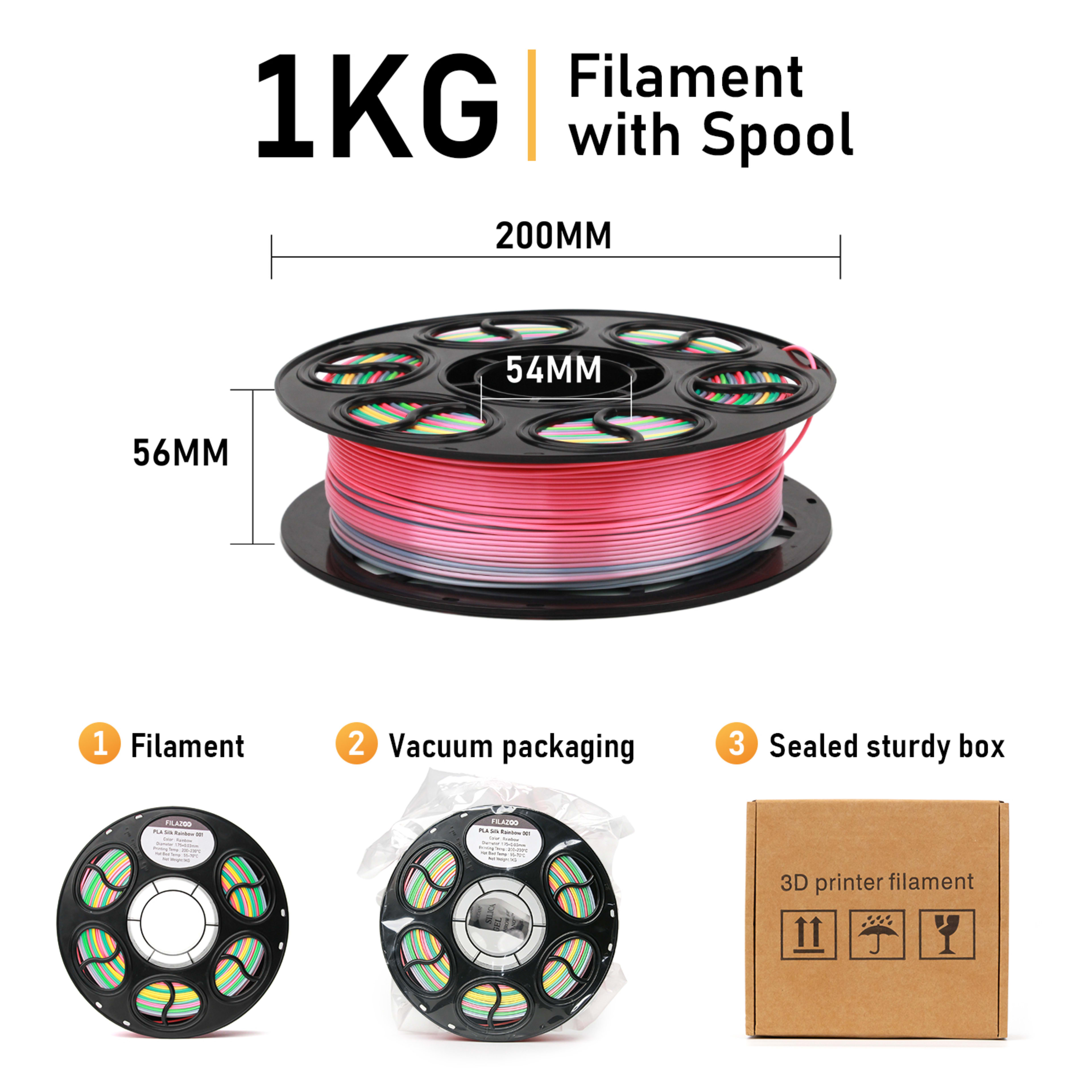 Silk PLA Filament 1.75mm Rainbow Color, 1kg Spool 3D Printer Filament, Shiny Glossy Finish, Multicolor Gradient PLA, Low 4