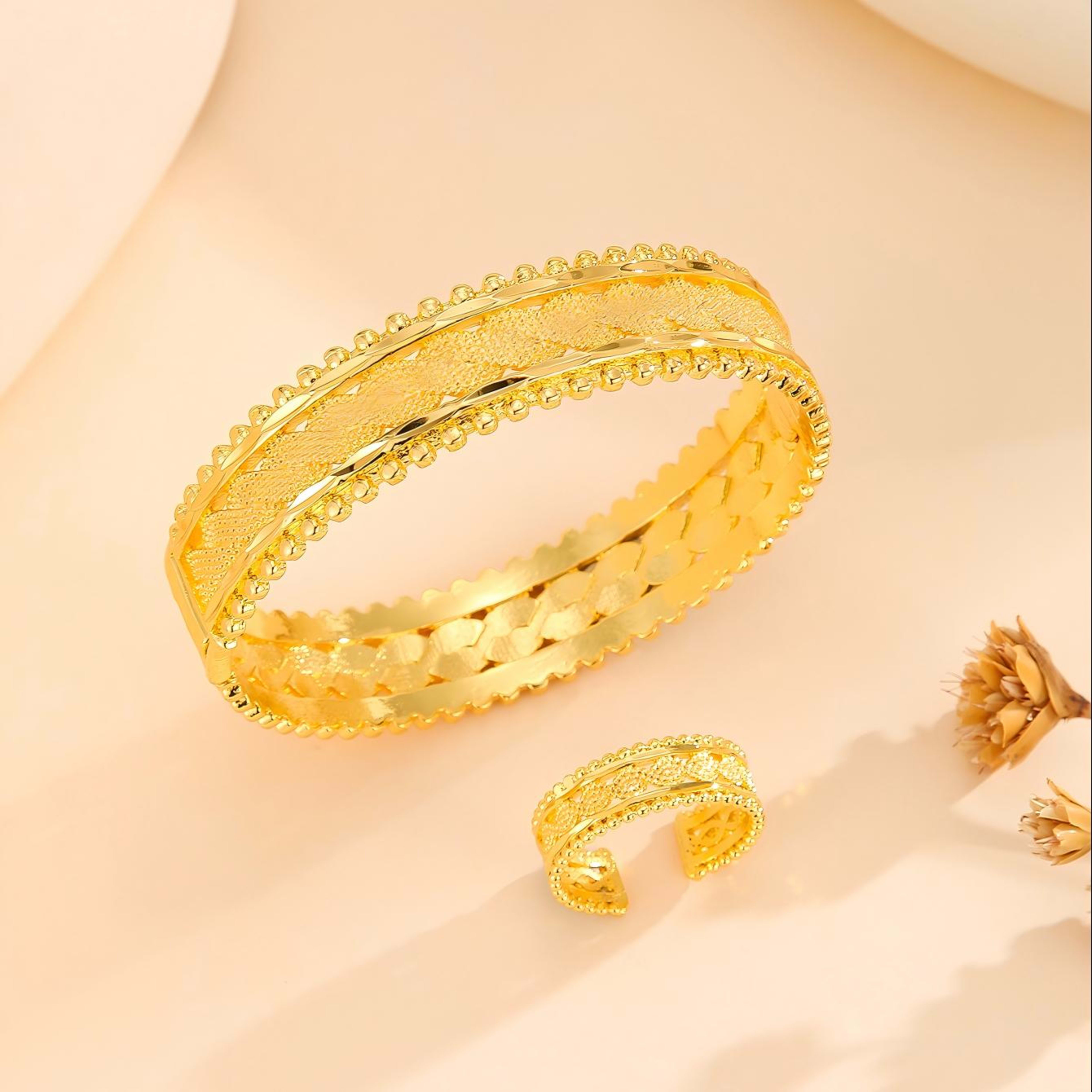 2pcs Vintage Gold Plated Bracelet, Open Bracelet Ring Jewelry, Women's Festival Wedding Jewelry Set 7