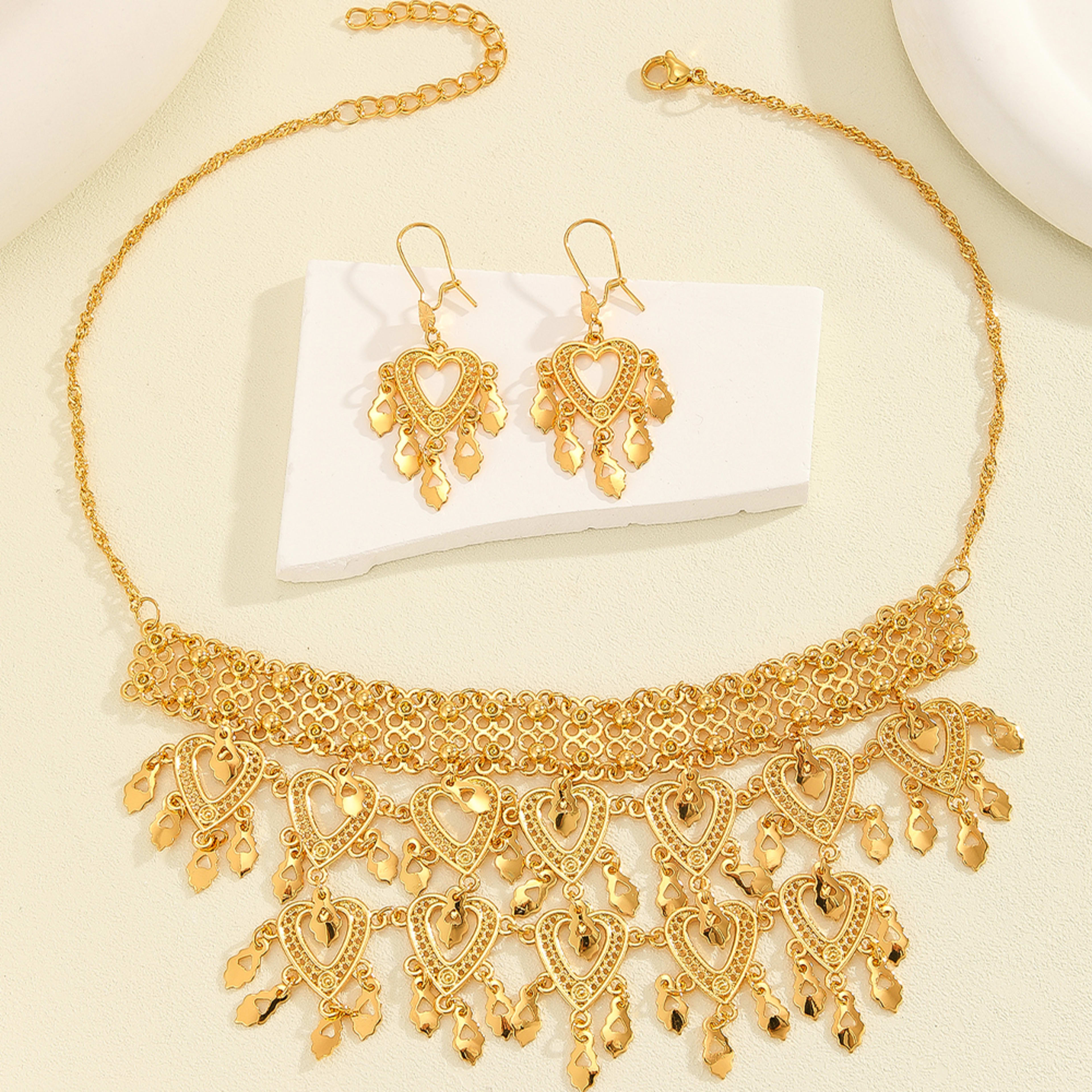 3pcs Fashionable Retro Luxury Heart-shaped Hollow Necklace Earrings Women's Set, Suitable For Party And Dance Gifts, Dai 1