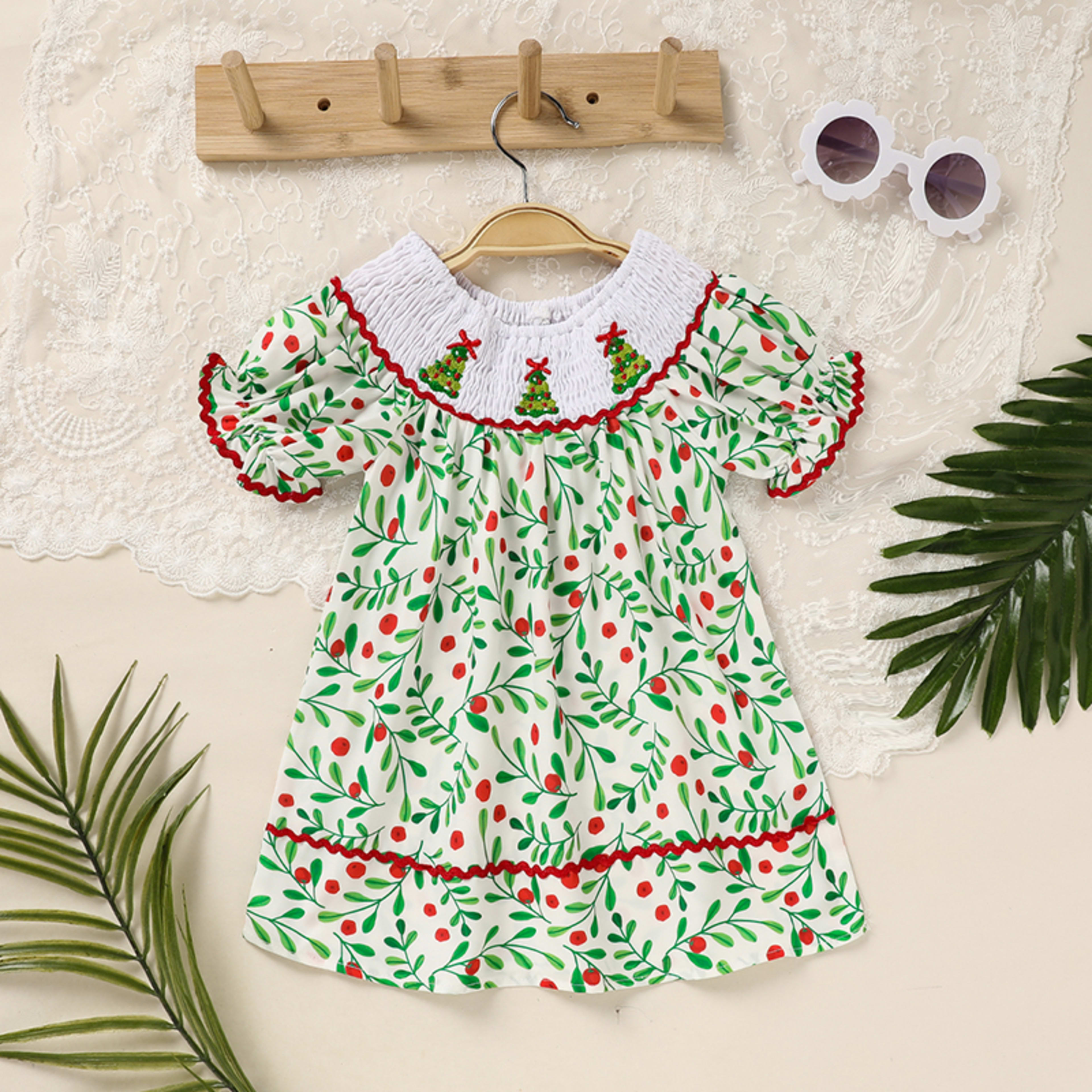 Toddler Infant Baby Girls Christmas Dress Short Sleeve Christmas Tree Embroidered Plaid Casual Party Dresses 7