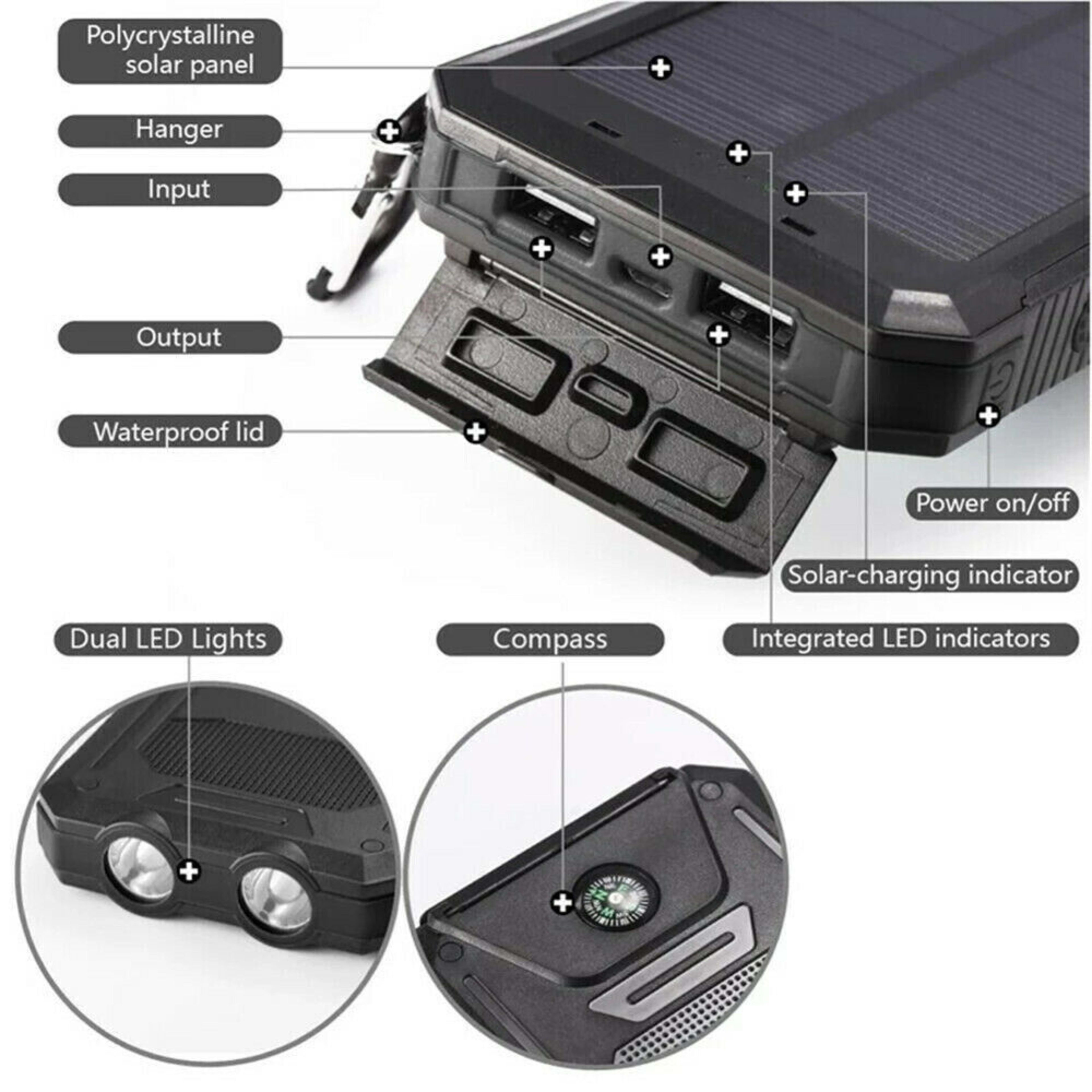 1o000 MAh Solar Power Bank, Waterproof, 2 USB Ports, LED Charger For Mobile Phones 18