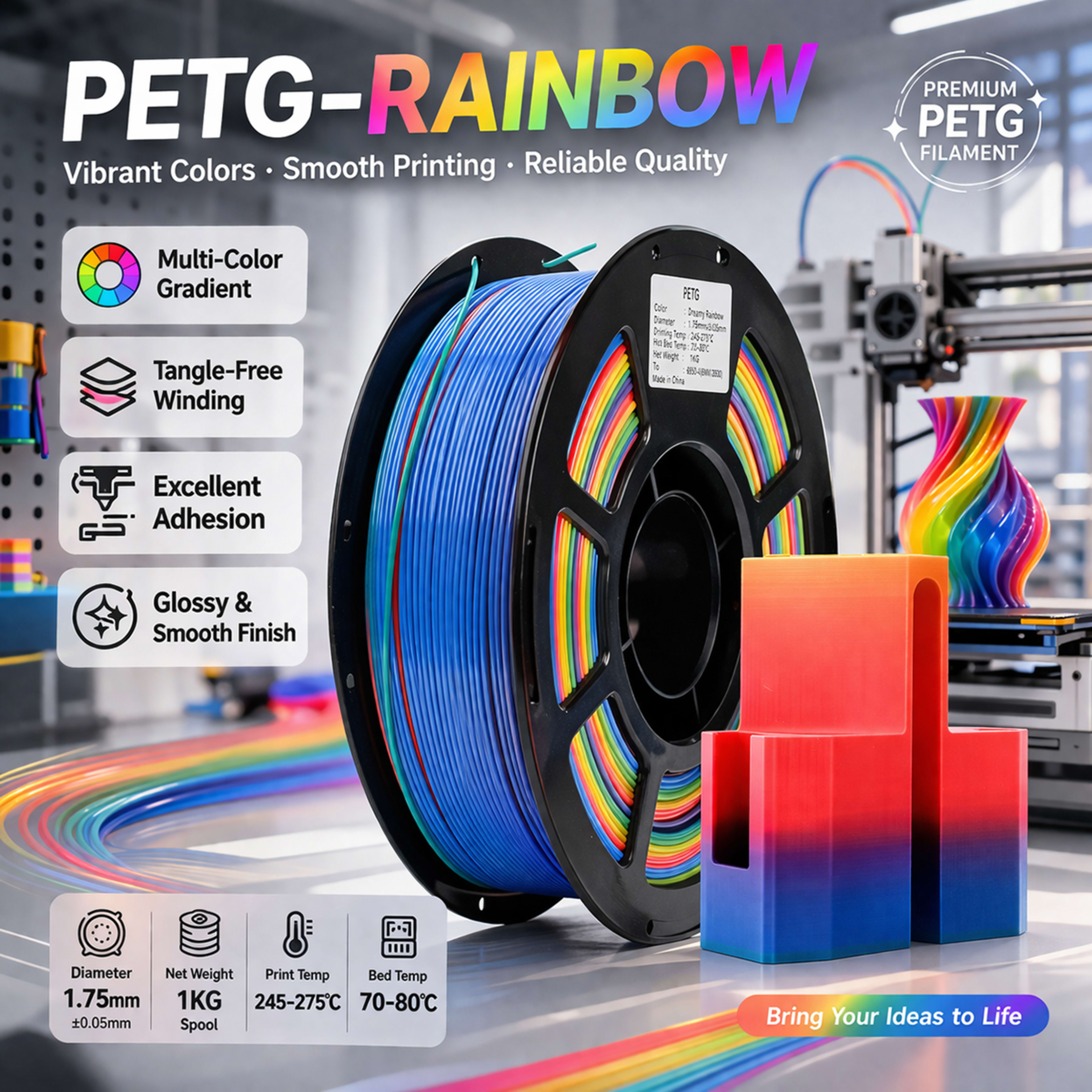 Rainbow Gradient PETG Filament For 3D Printers, Multicolor Color Changing Printing Material, Compatible With Most FDM Pr 4