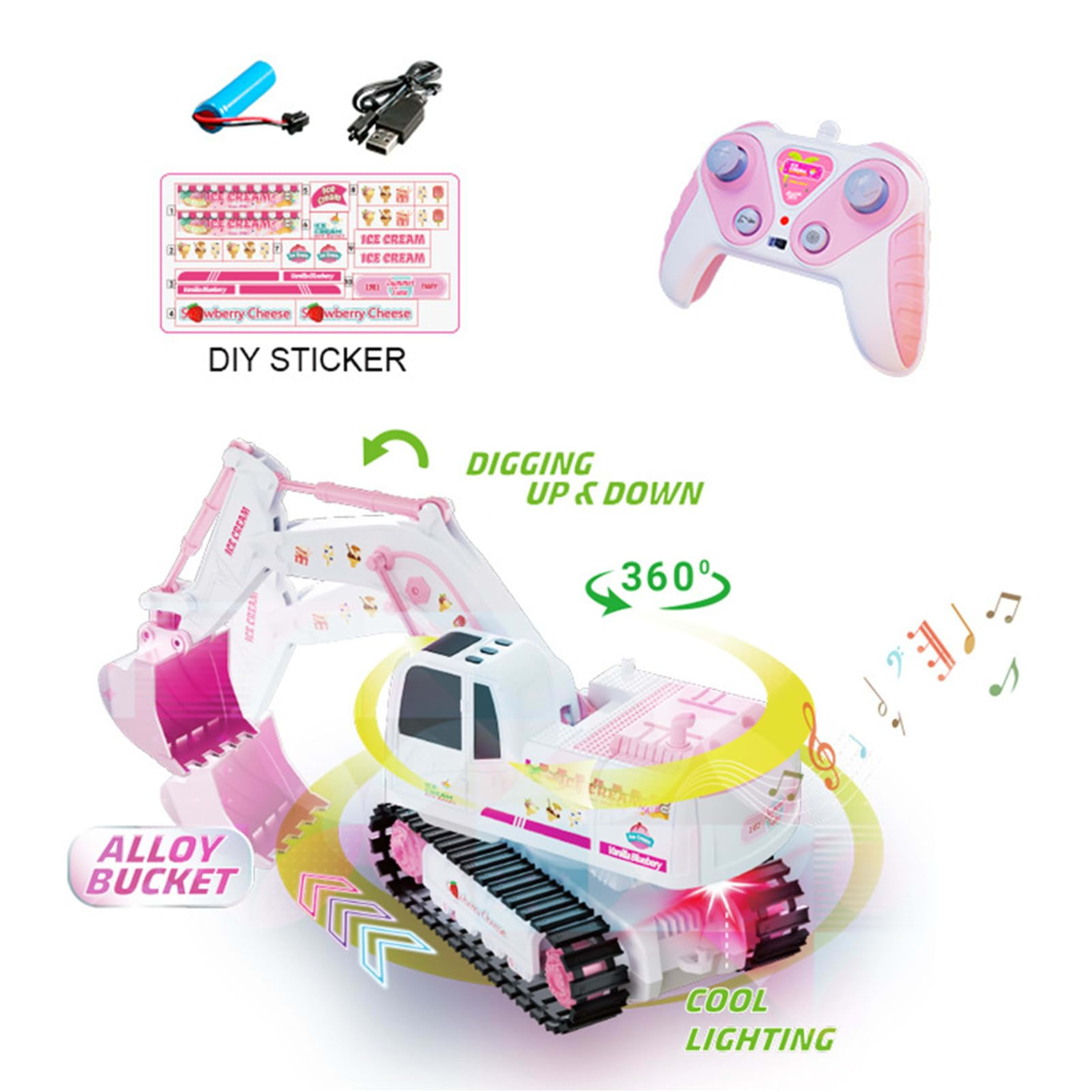 Pink Remote Control Excavator Toy Rechargeable Tracked Construction Vehicle With Lights And Music  Suitable For Girls An 10