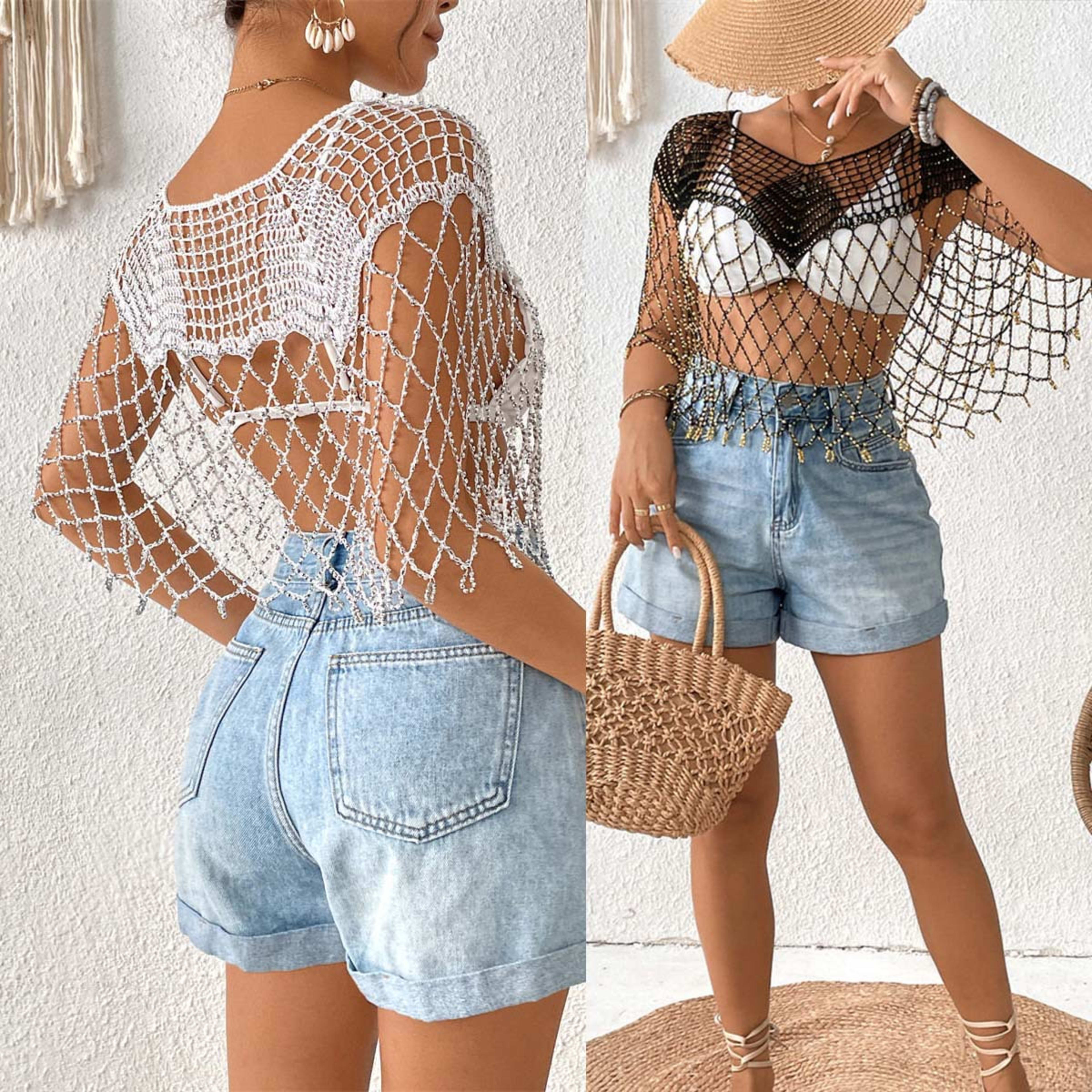 New Arrival Women Hollow Out Beaded Tassel Cape Shawl, Sheer Sun Protection Bikini Cover Up, European American Resort Be 4
