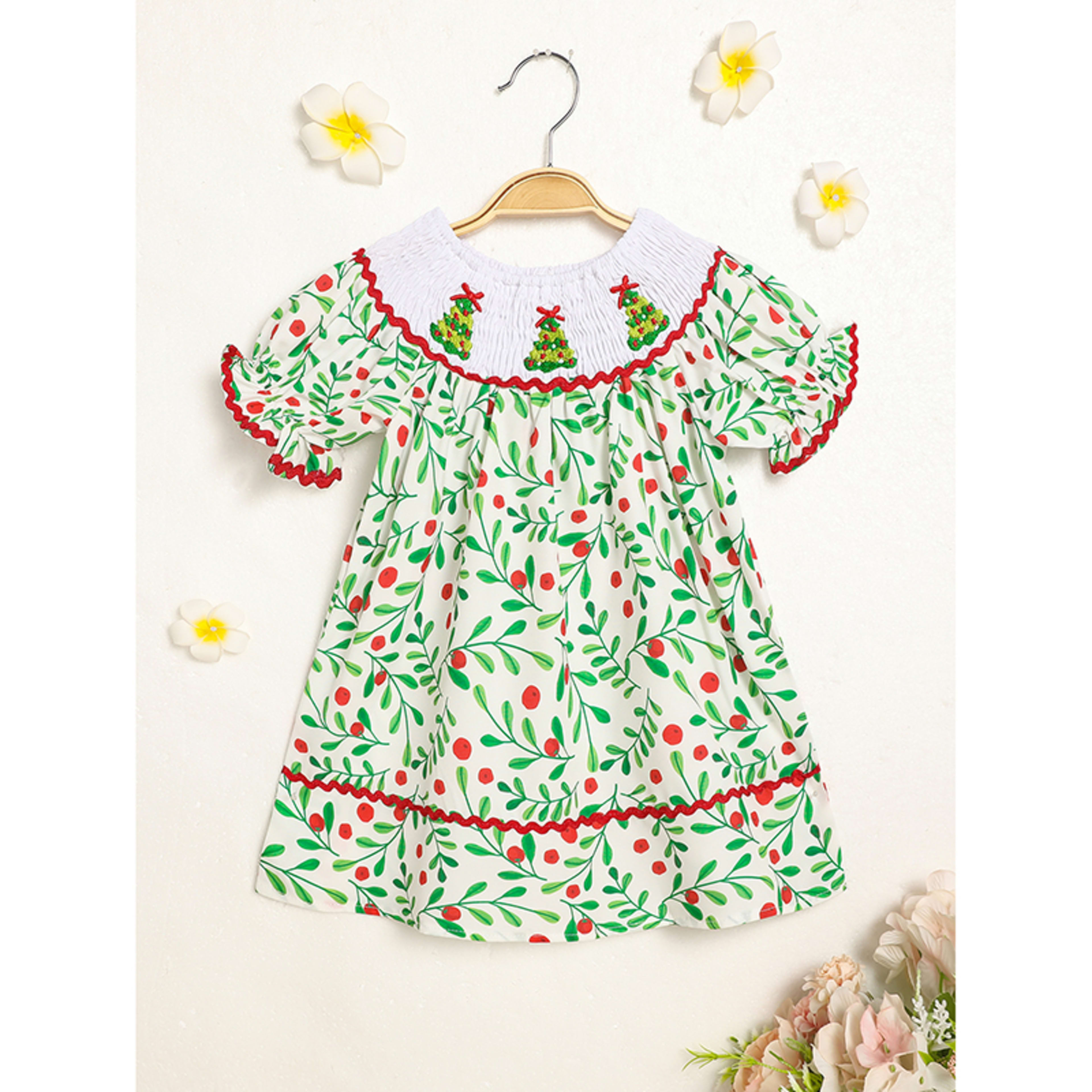 Toddler Infant Baby Girls Christmas Dress Short Sleeve Christmas Tree Embroidered Plaid Casual Party Dresses 2