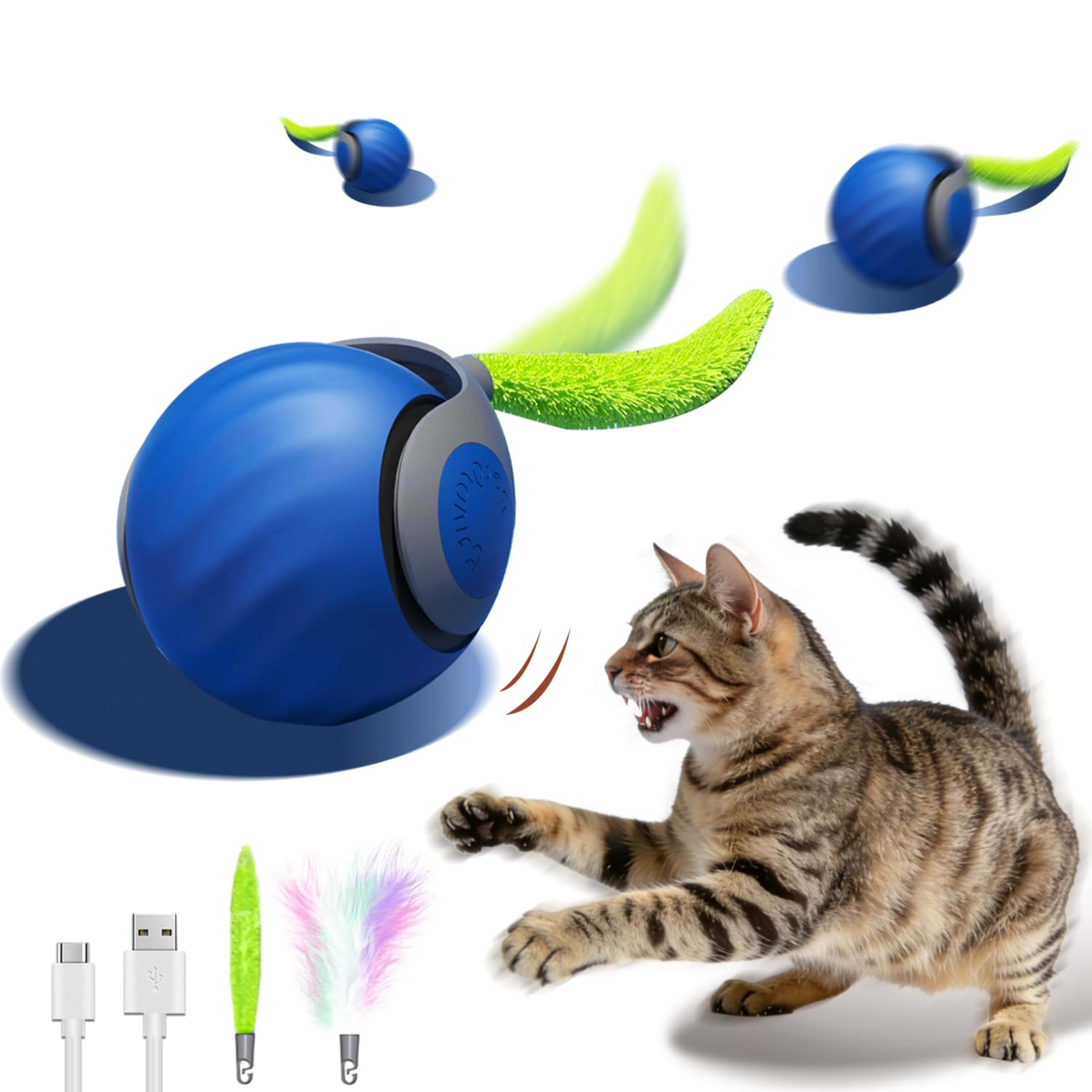 Interactive Cat Toy Ball - Automatic Interactive Cat Toys For Indoor Cats, Rechargeable 2 Speeds Enrichment Toys With 2  3