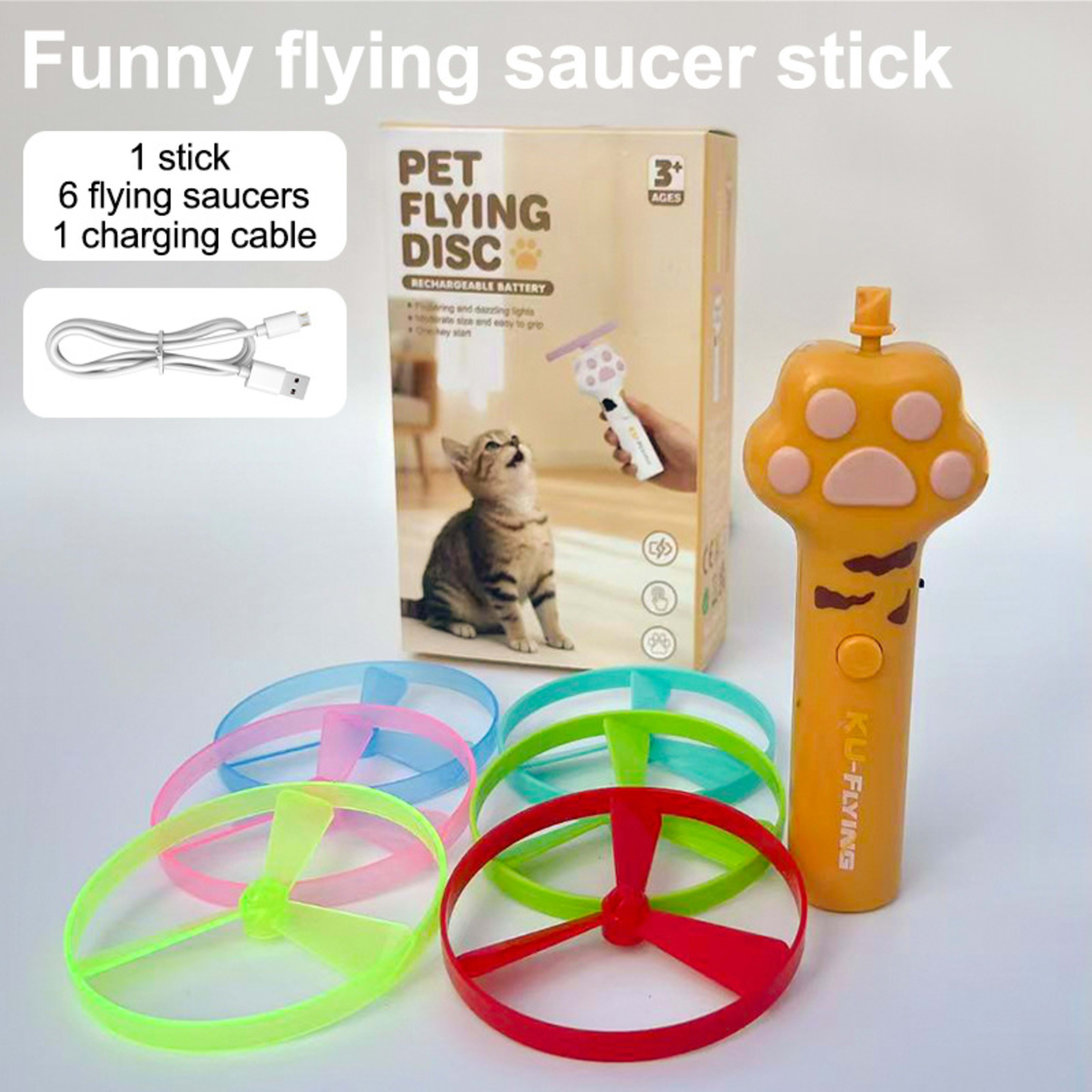 Cat Fetch Toy Launcher,Flying Disc Launcher Toy Rechargeable With 6 Flying Discs,Flying Cat Toy Disc Launcher For Kitten 2