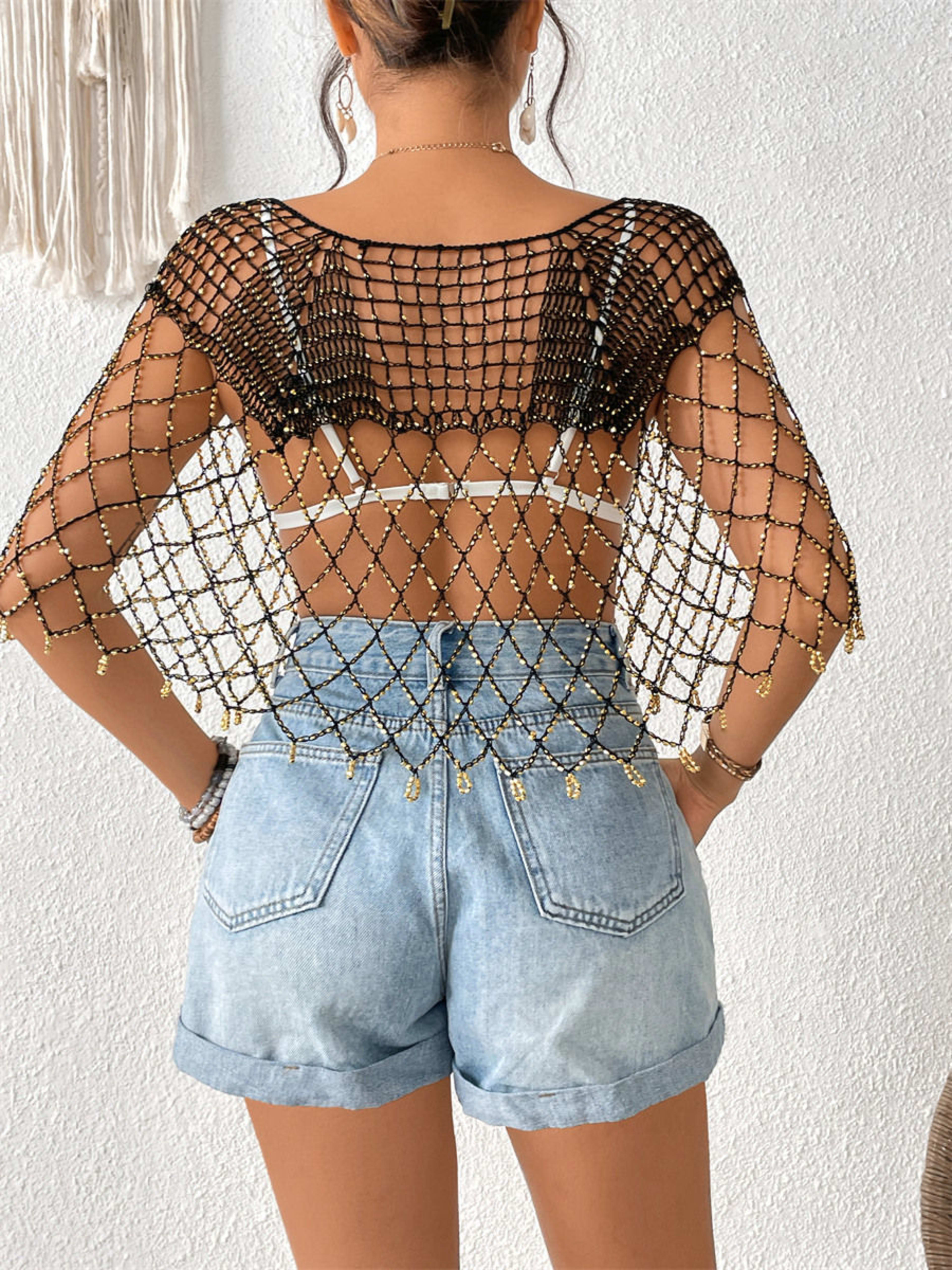 New Arrival Women Hollow Out Beaded Tassel Cape Shawl, Sheer Sun Protection Bikini Cover Up, European American Resort Be 11