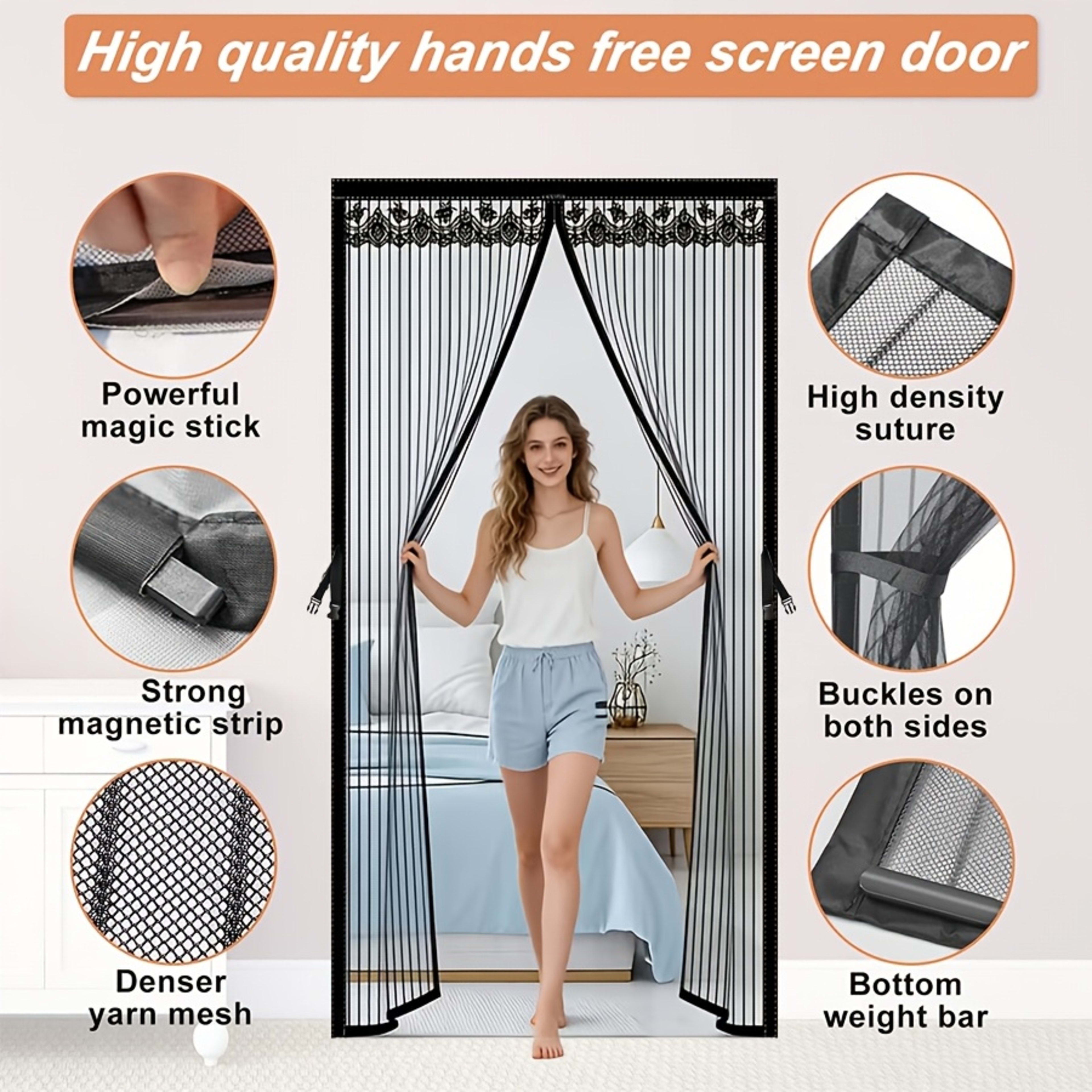 1pc Magnetic Screen Door, Mosquito And Fly Proof Door Curtain, Easy To Install, Top Lace Design & Storage, Pet Friendly, 4