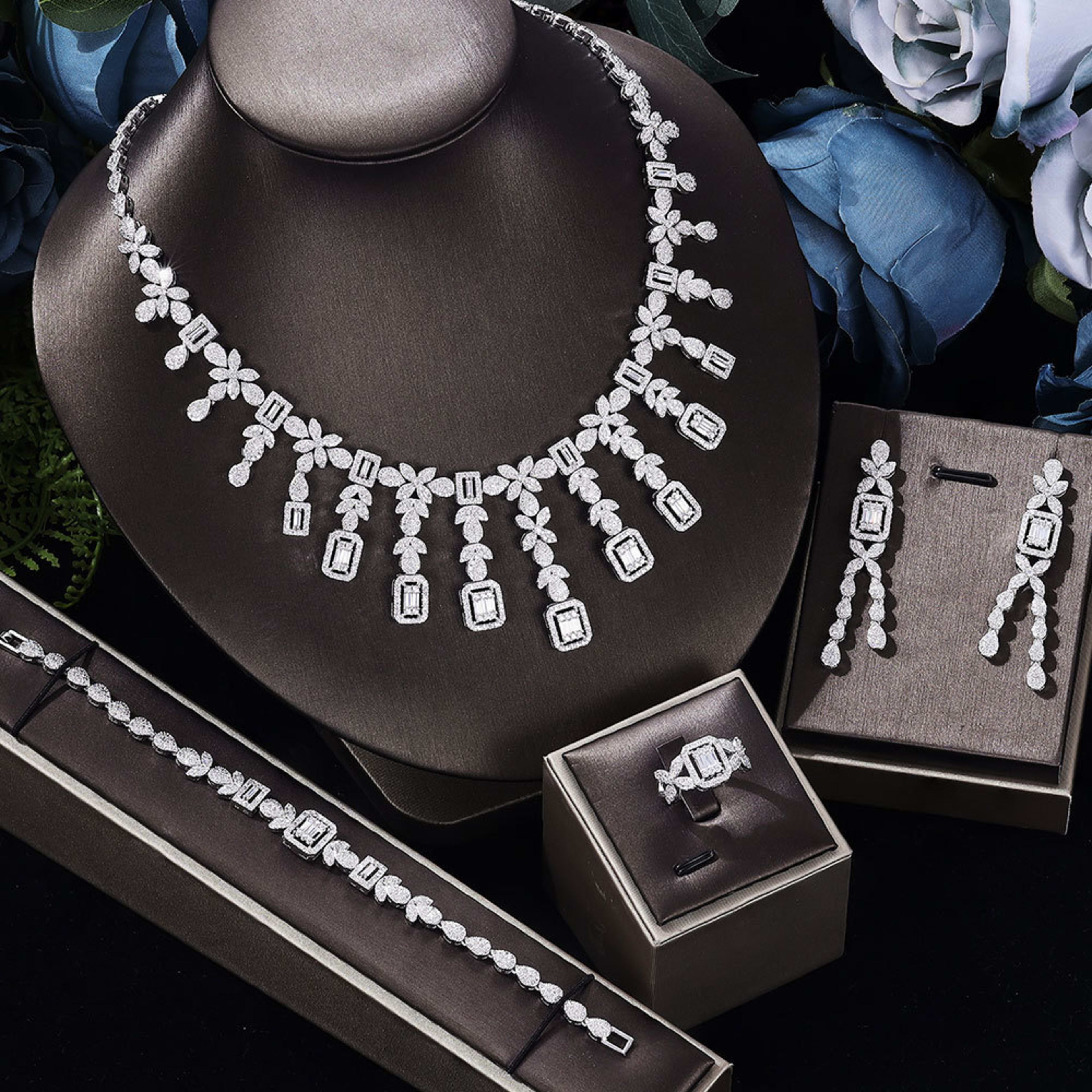 Zircon Necklace Earrings Bracelet Ring Set Of Four 3