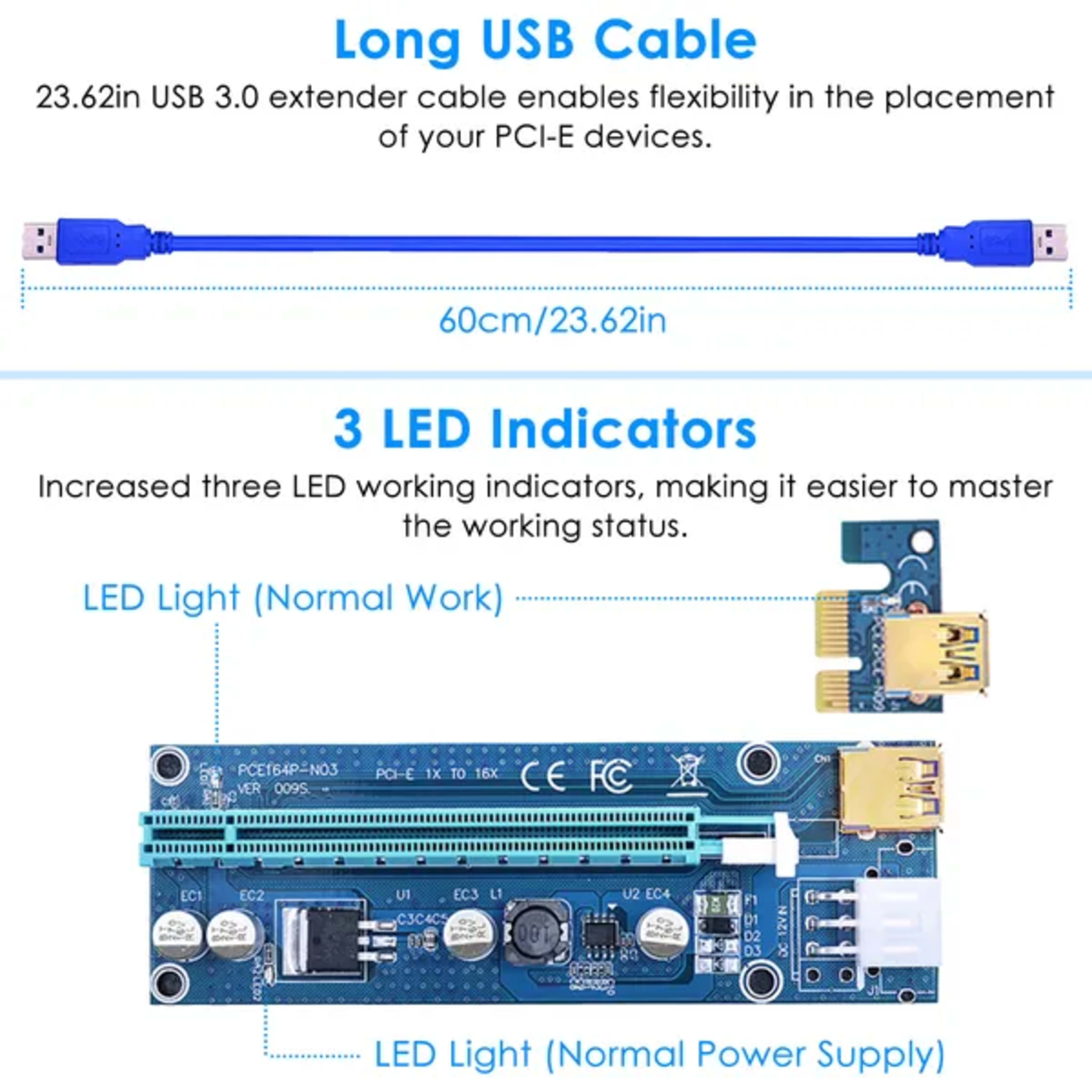 5Sets PCI-E PCI Express Risers GPU Mining Powered Riser Adapter Card W/ 23.62in USB 3.0 Cable MOLEX To SATA 2