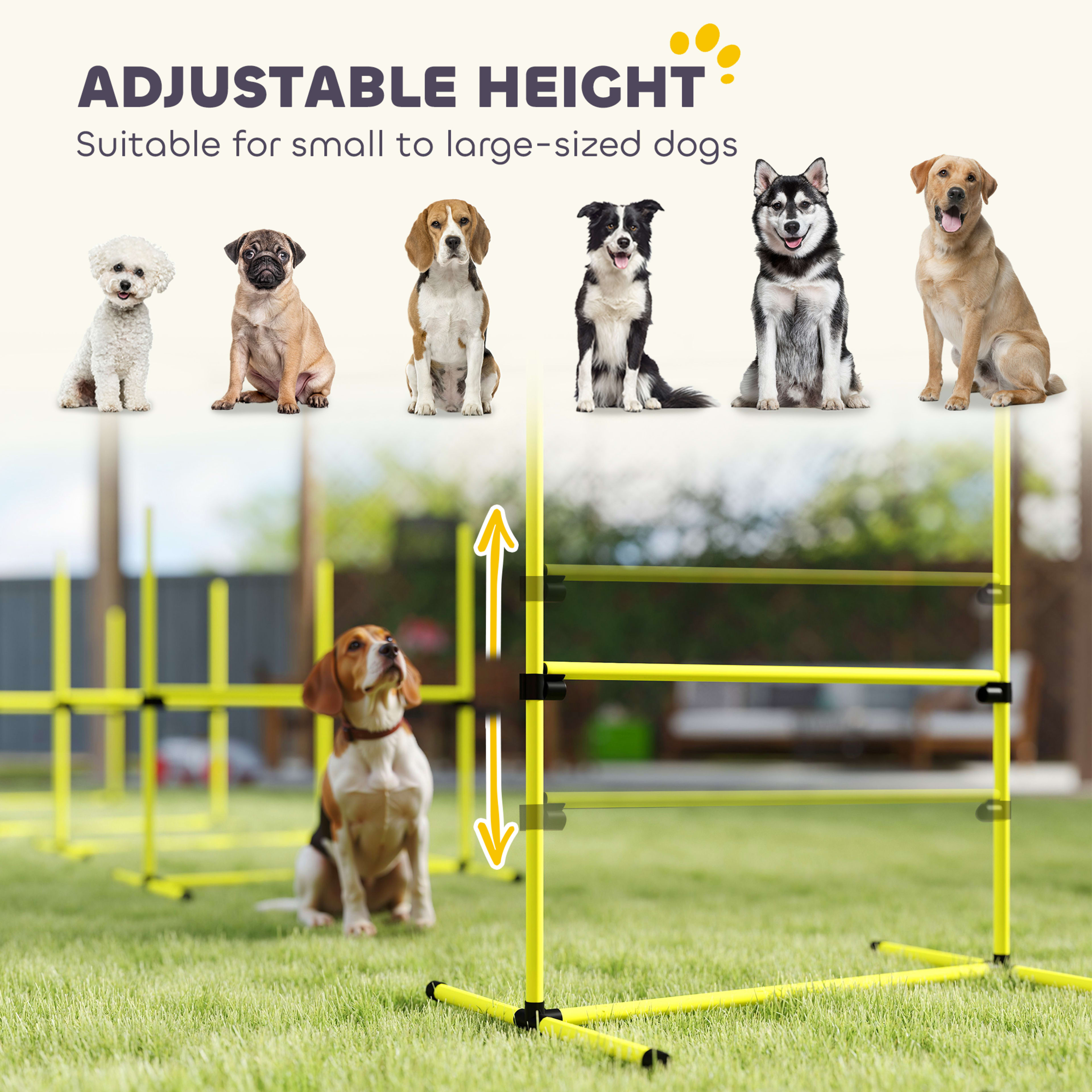4 Piece Dog Agility Set with Adjustable Height Jump Bars, Carry Bag, Displacing Top Bar, Yellow Yellow 7