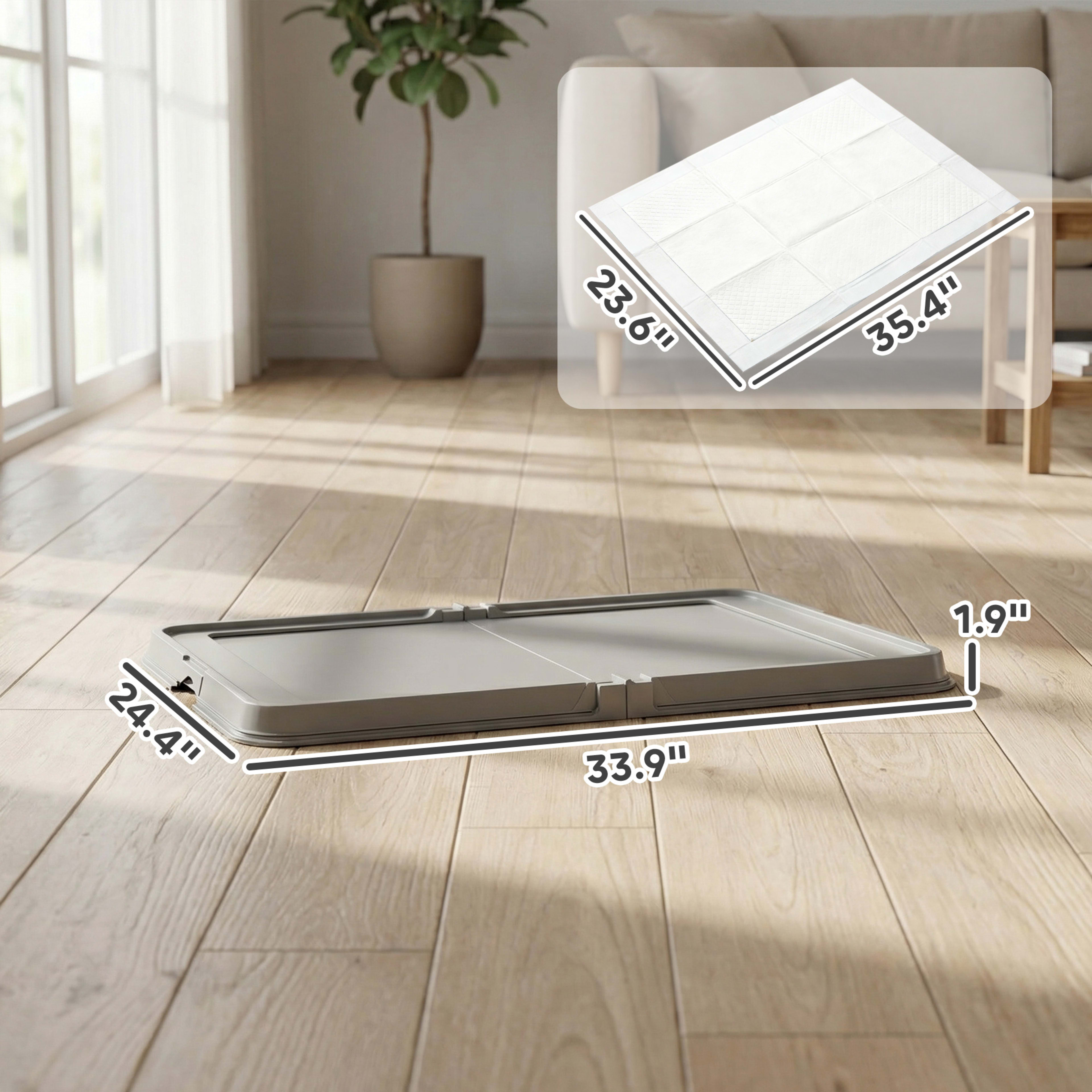 Pee Pad Holder Foldable Dog Litter Box with 3 Disposable Pads, 33.9" x 24.4", Gray 6