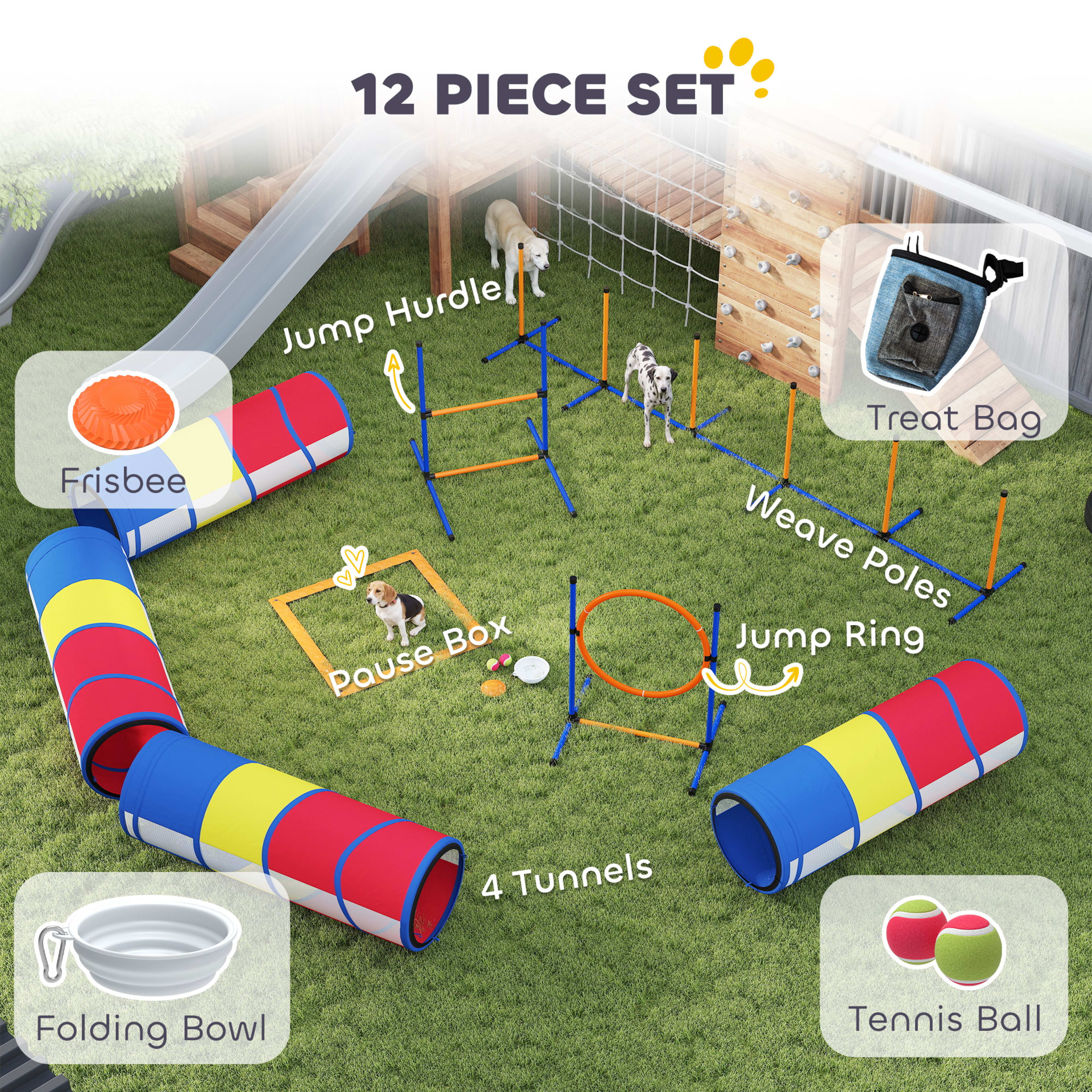Dog Agility Training Equipment, 12-Piece Dog Obstacle Course with Adjustable Hurdle & Ring, 4 Tunnels, Weave Poles 3