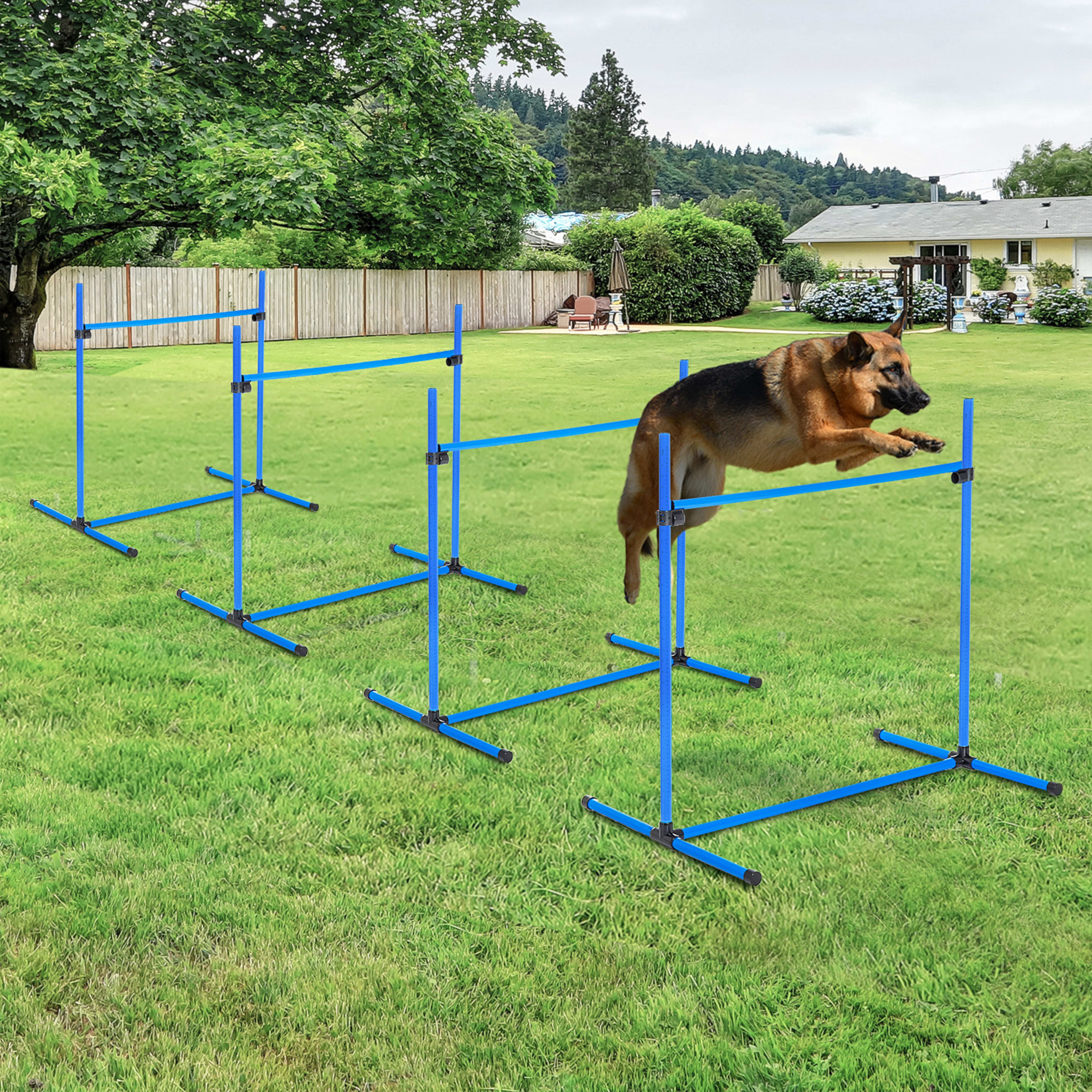 4 Piece Dog Agility Starter Kit with Adjustable Height Jump Bars, Included Carry Bag & Displacing Top Bar - Blue 7
