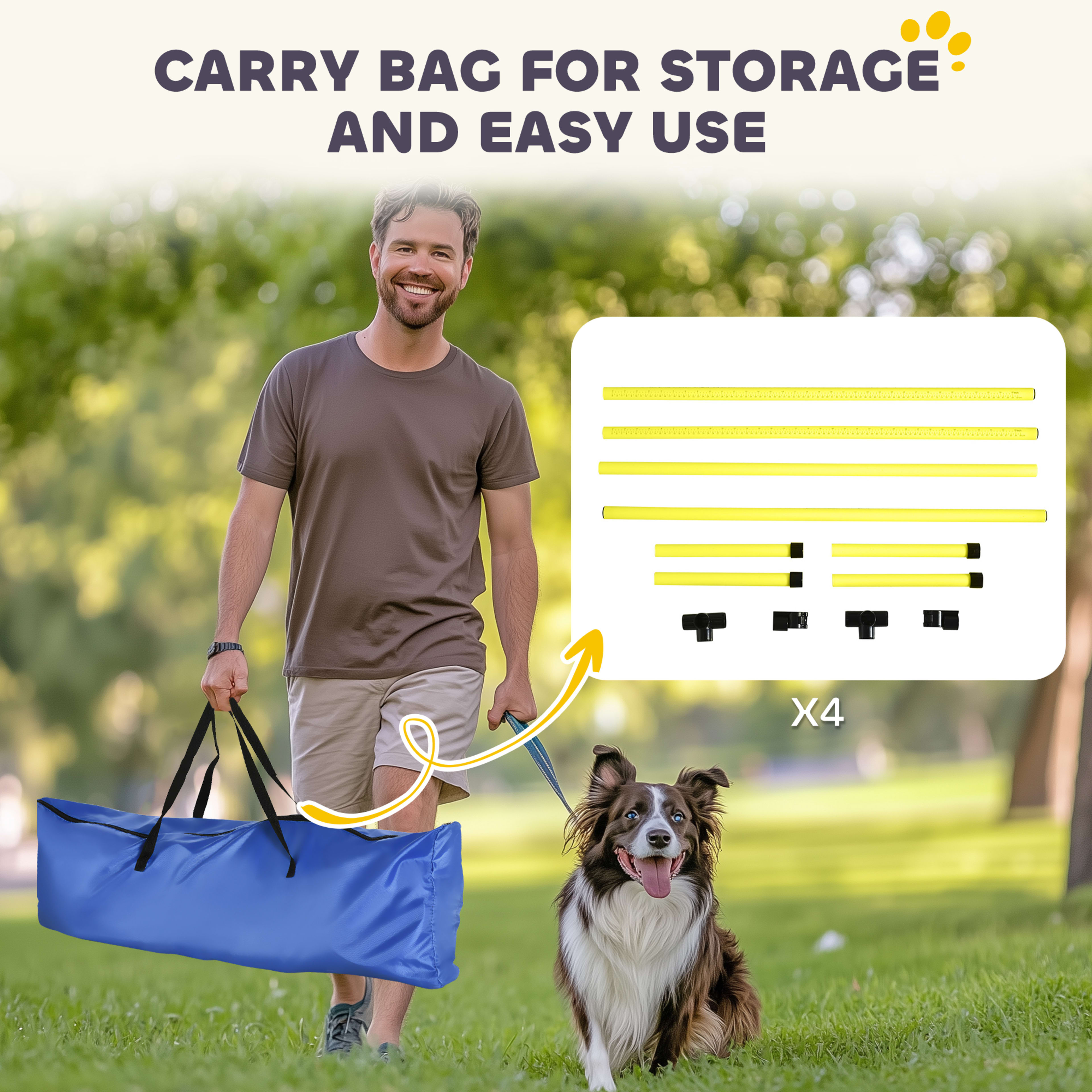 4 Piece Dog Agility Set with Adjustable Height Jump Bars, Carry Bag, Displacing Top Bar, Yellow Yellow 4