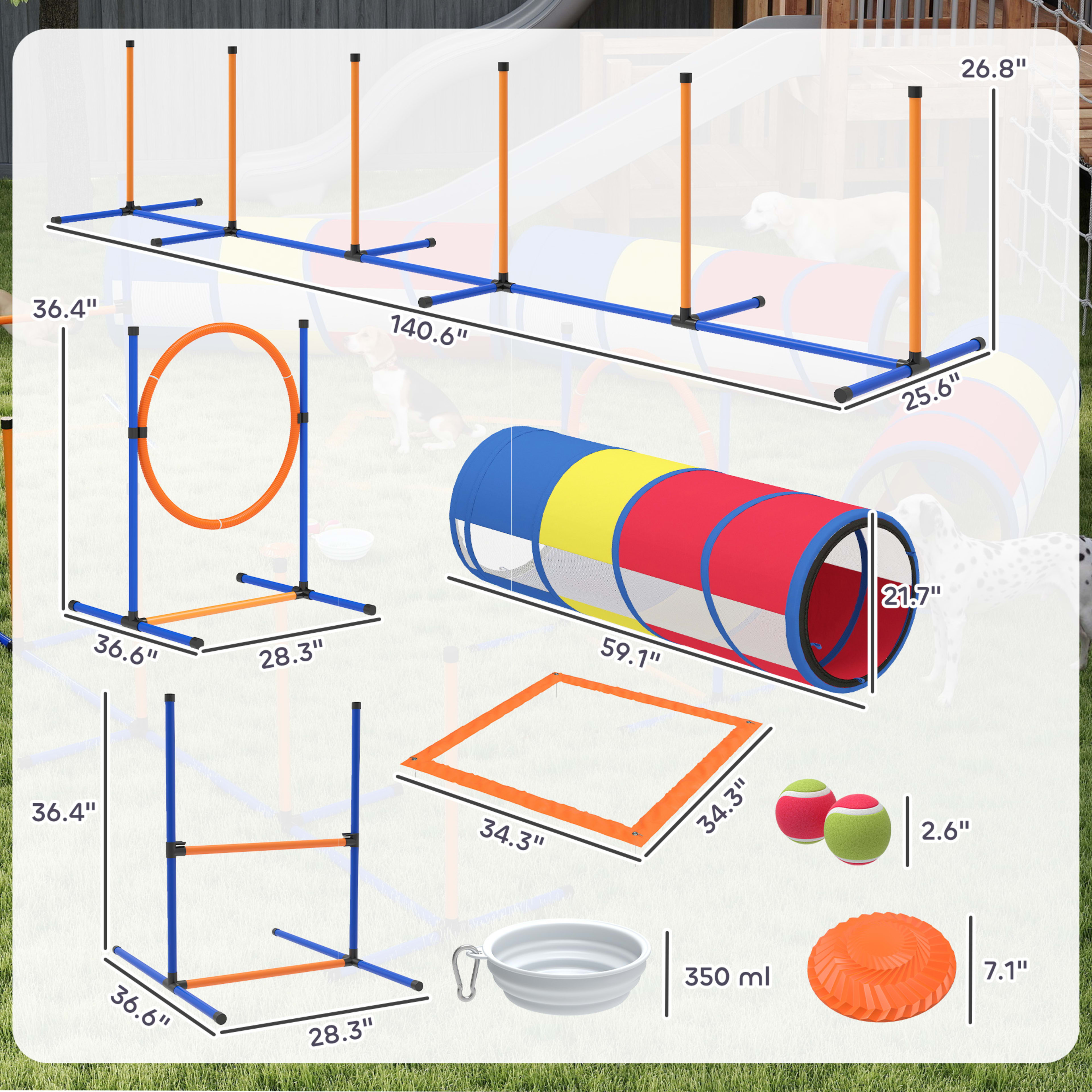 Dog Agility Training Equipment, 12-Piece Dog Obstacle Course with Adjustable Hurdle & Ring, 4 Tunnels, Weave Poles 6