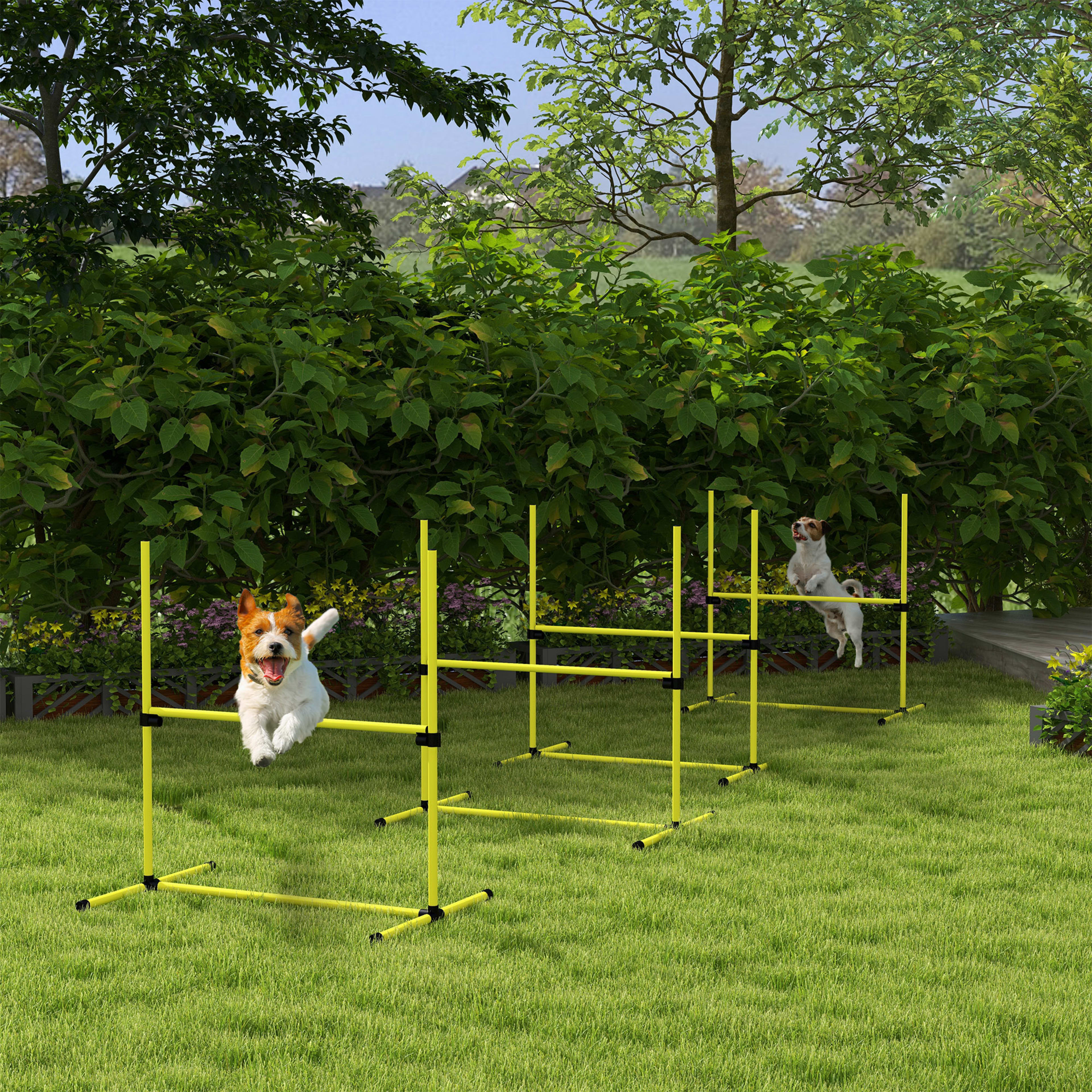 4 Piece Dog Agility Set with Adjustable Height Jump Bars, Carry Bag, Displacing Top Bar, Yellow Yellow 2