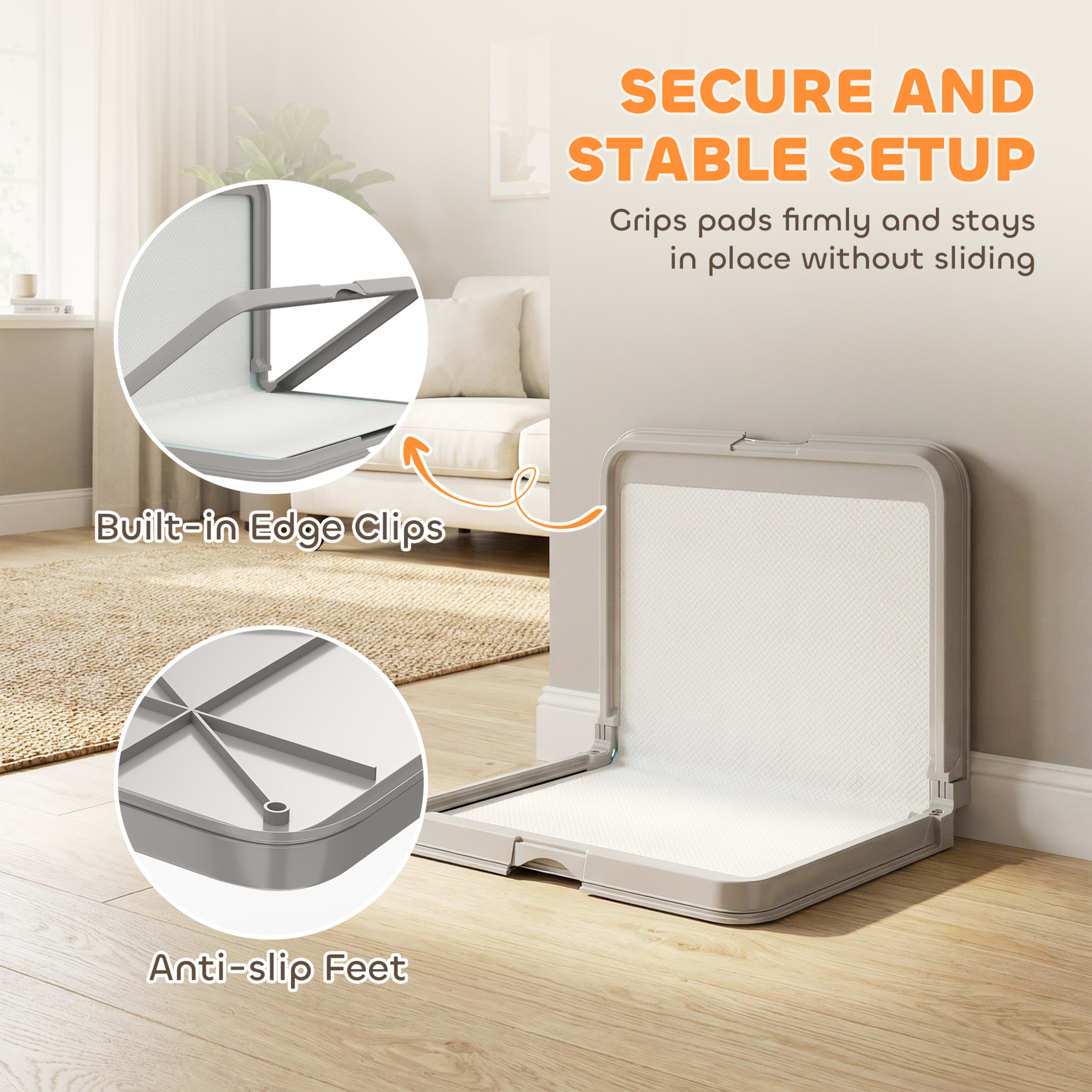 Pee Pad Holder Foldable Dog Litter Box with 3 Disposable Pads, 33.9" x 24.4", Gray 2