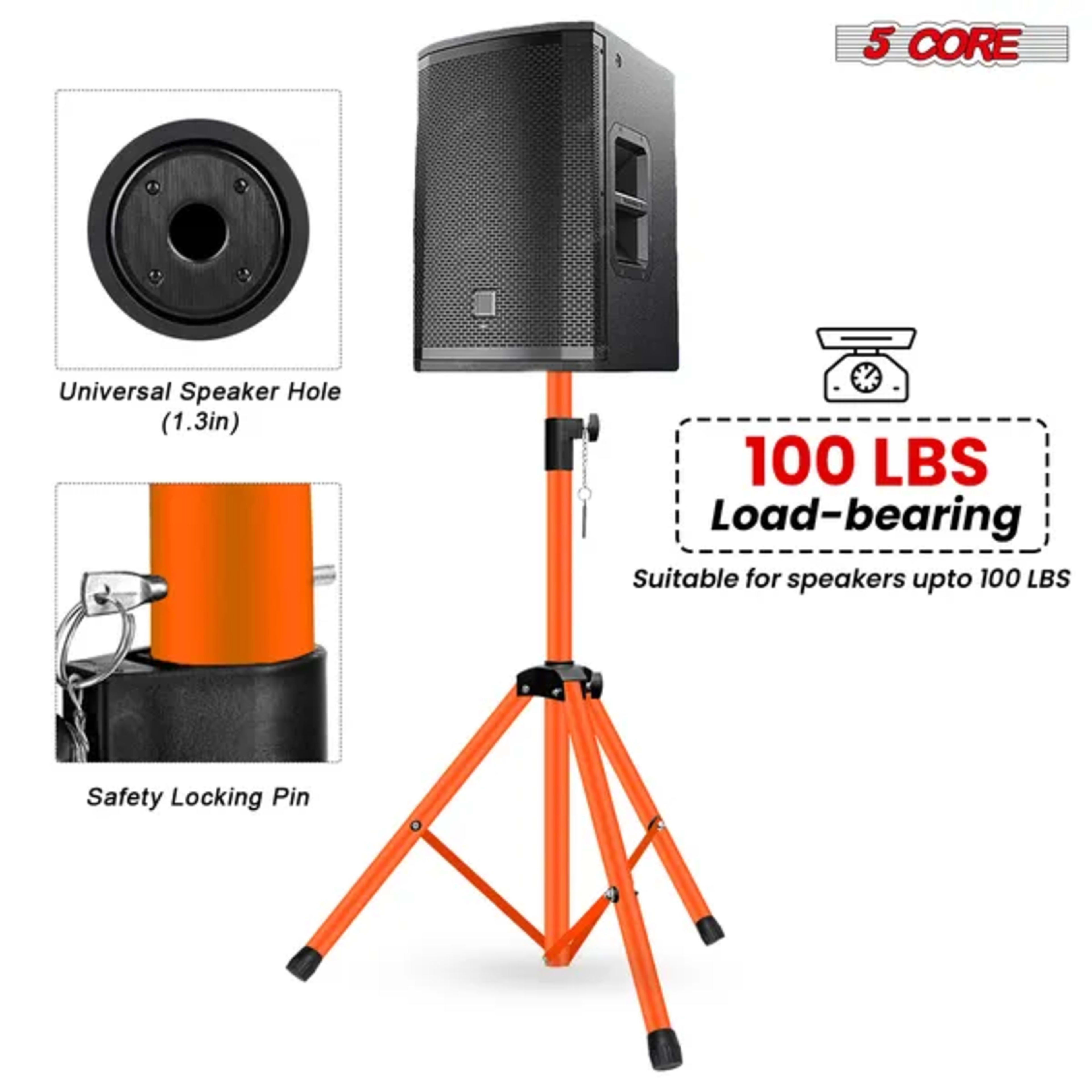 5 Core Speaker Stand Pair Height Adjustable PA DJ Tripod Studio Monitor Stands W 35mm Compatible Insert - SS ECO 2PK ORG 2