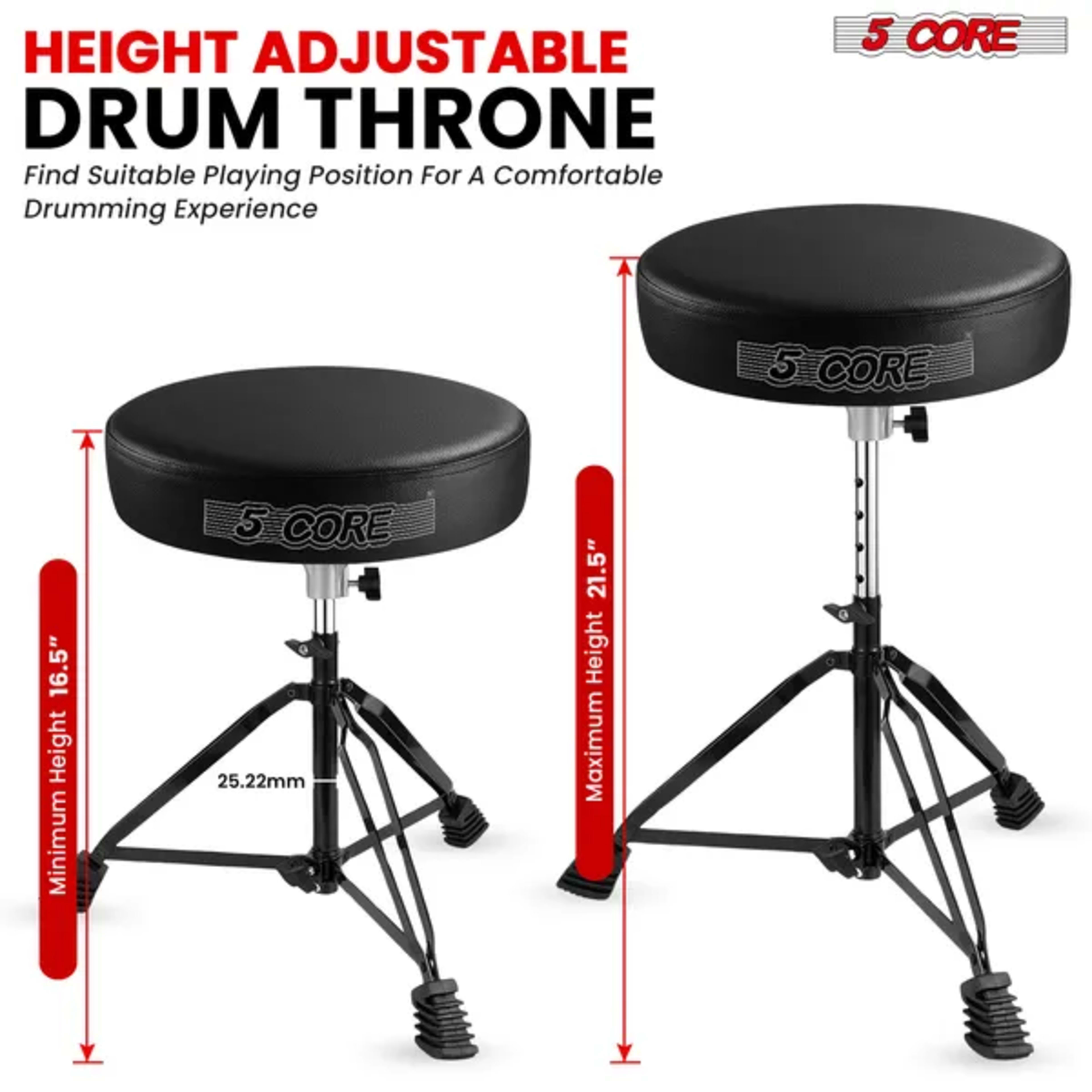 5 Core Drum Throne 3 Inch Thick Padded Comfortable Guitar Stool Double Braced Drummer Chair Height Adjustable Musician S 3