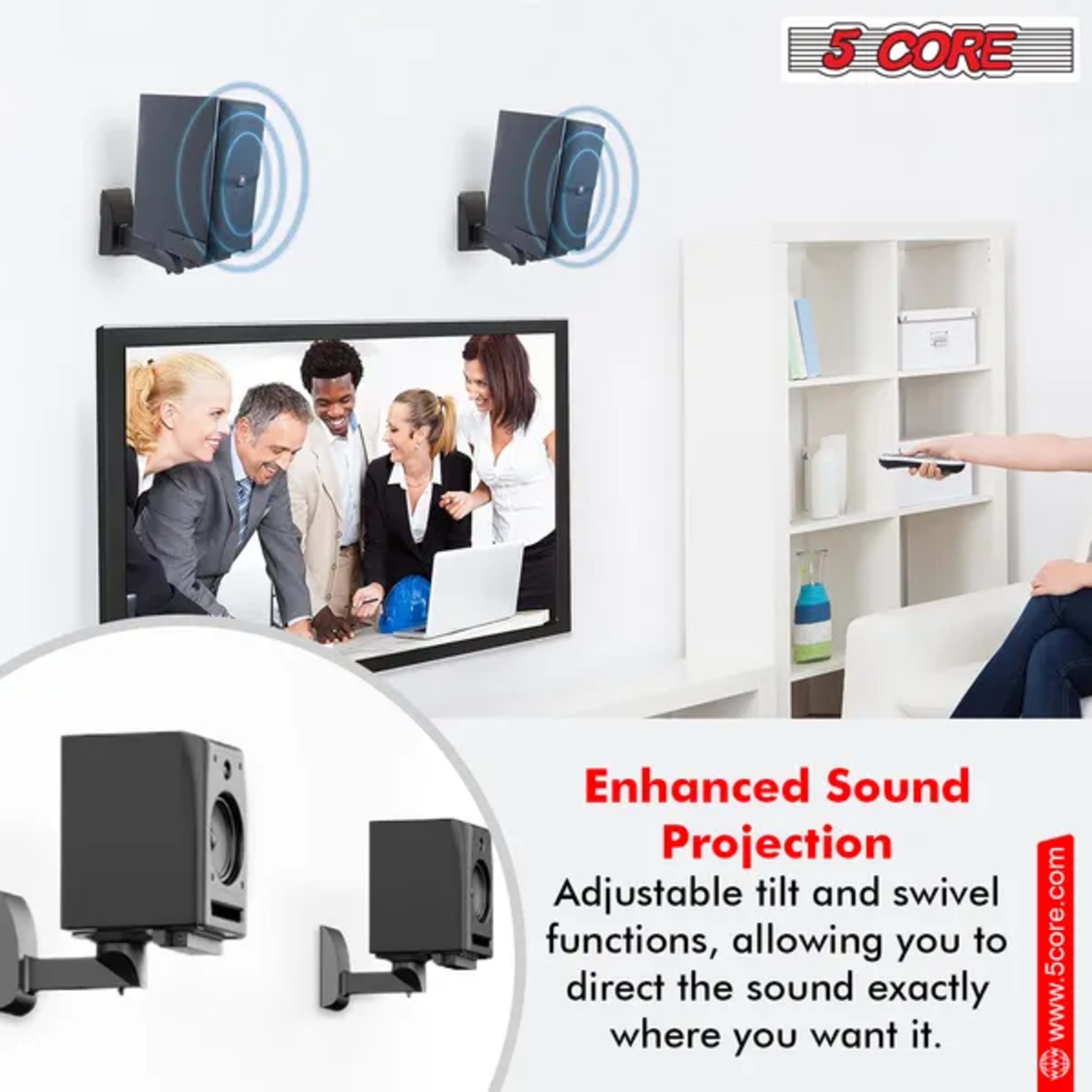 5 CORE Speaker Wall Mount Adjustable Shelf Holder Swivel 180 Degree Bookshelf Brackets - 15 Inch Space For Speakers Pair 4