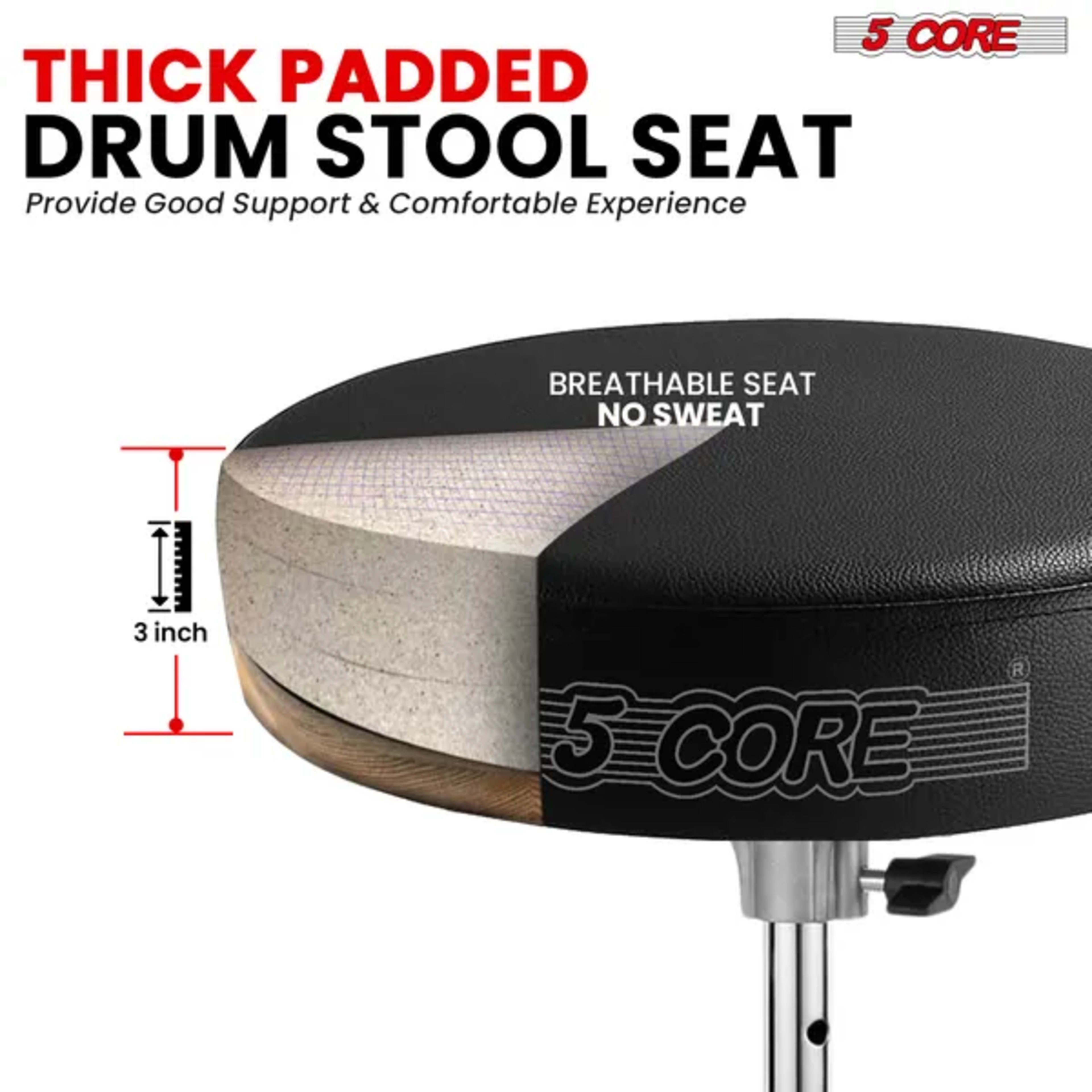 5 Core Drum Throne 3 Inch Thick Padded Comfortable Guitar Stool Double Braced Drummer Chair Height Adjustable Musician S 2