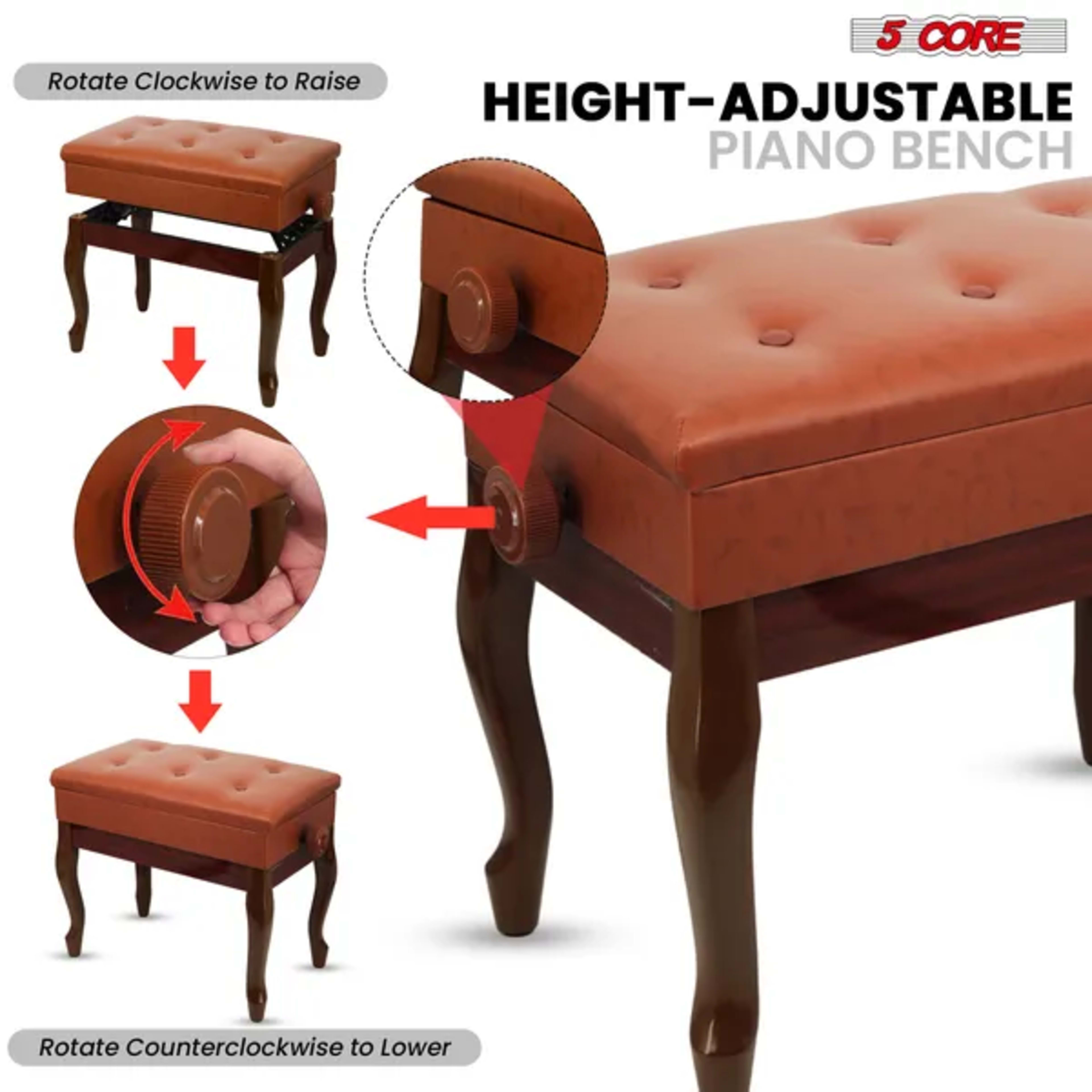5 Core Piano Bench 3" Padded Cushioned Stool Wooden Heavy Duty Adjustable Musician Chair W Storage - PNB WD HD CML BR 5