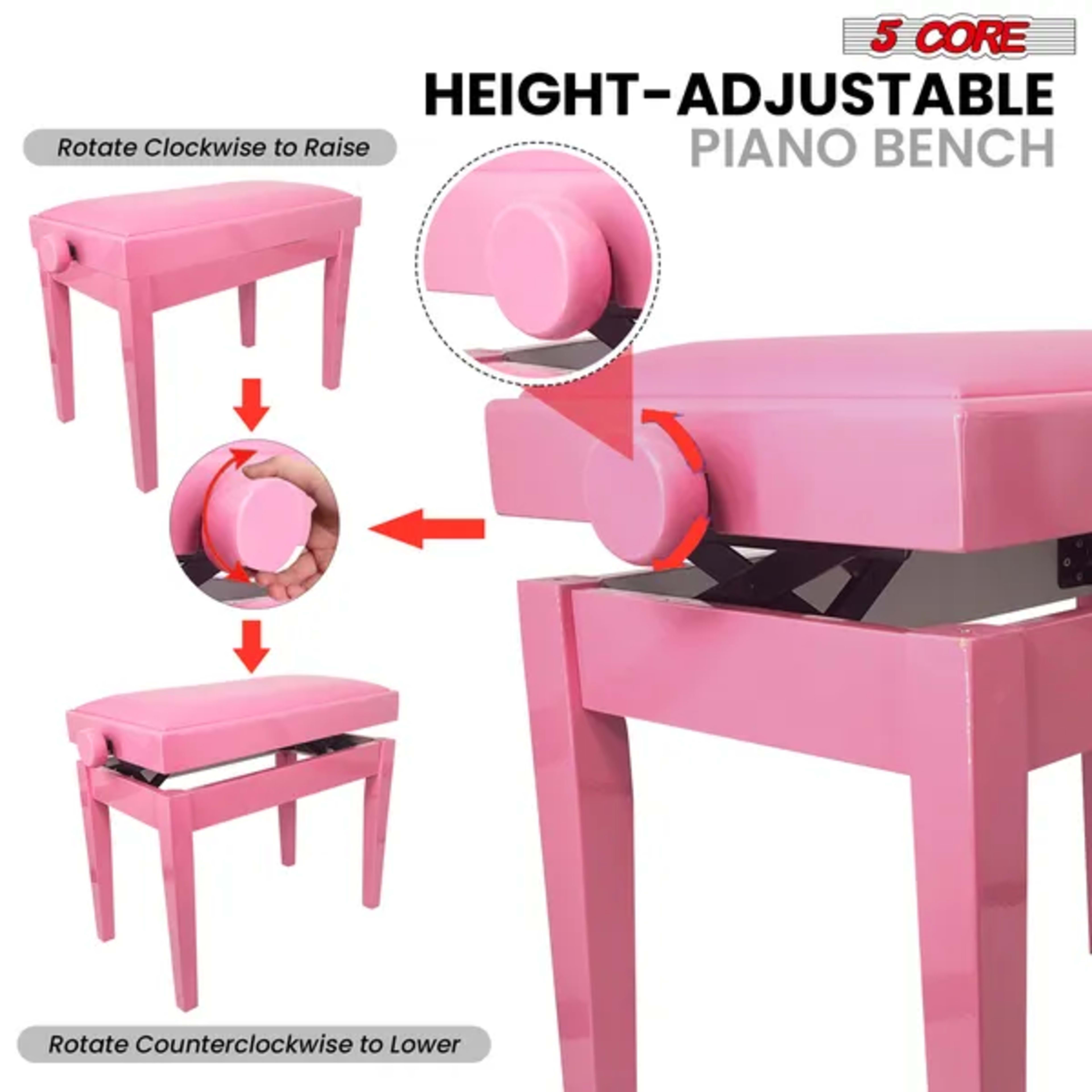 5 Core Adjustable Piano Bench Thick 3.25" Solid Wood Keyboard Stool Heavy Duty Musician Chair 3