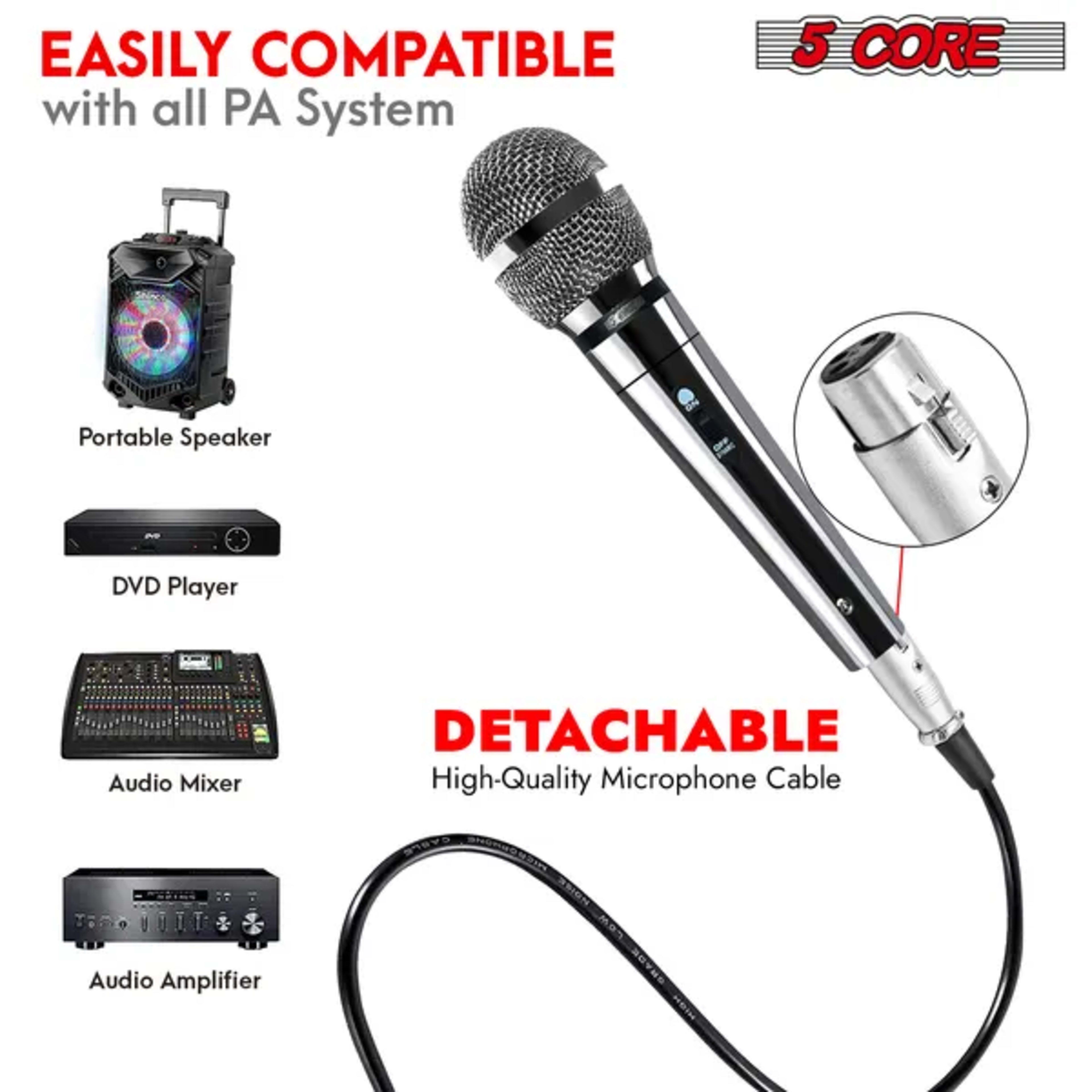 5 CORE Microphone Dynamic Vocal Handheld Mic Cardioid Unidirectional Microfono W On Off Switch + XLR Audio Cable For Sin 5