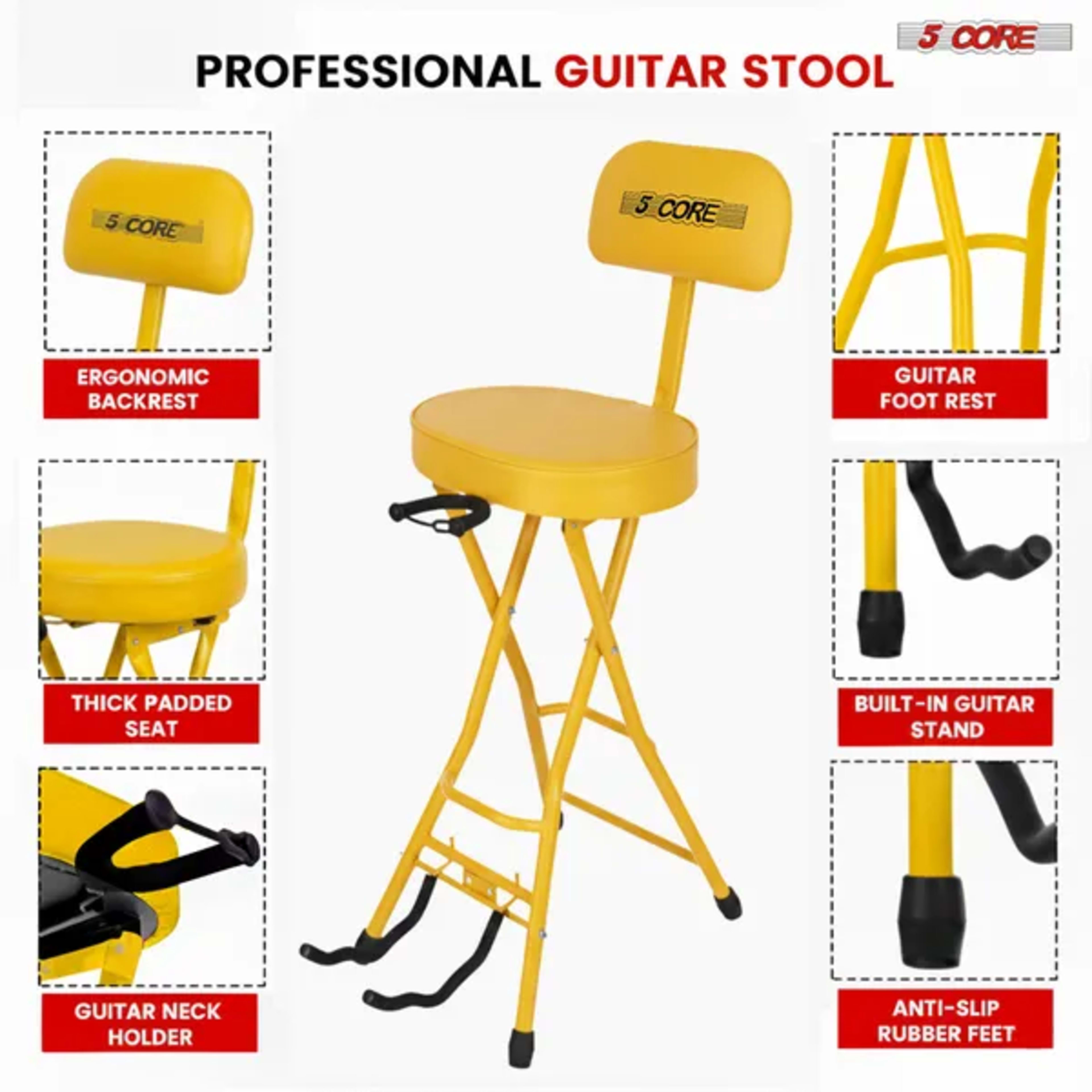 5Core Guitar Stool 3.15" Padded Chair W Backrest Foldable Music Seat Built In Foot Rest Guitar Stand 3