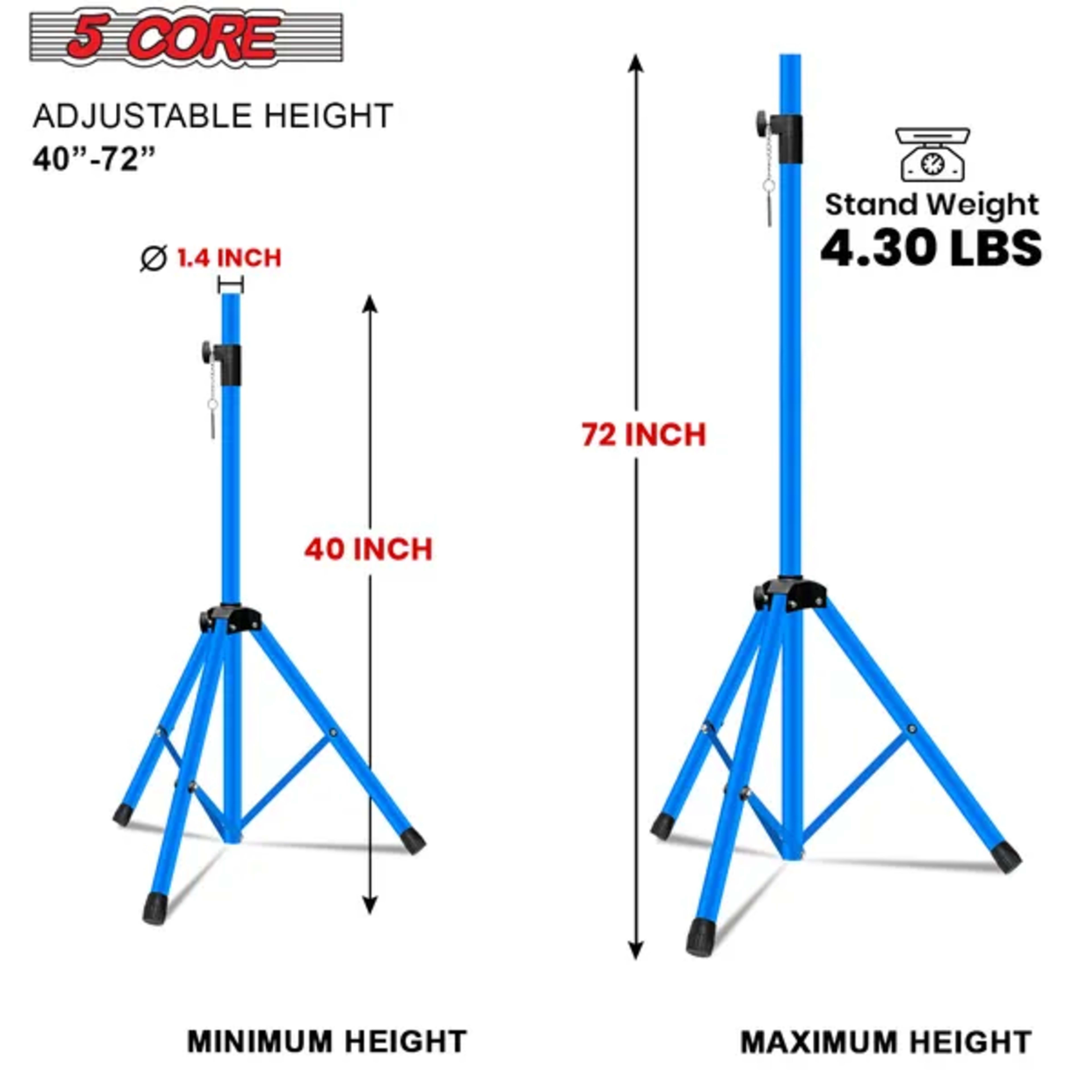 5 Core Speaker Stand 2Pcs Tripod Floor Tall Adjustable Up To 72 Inch DJ Studio Monitor Stands Pole Mount 4