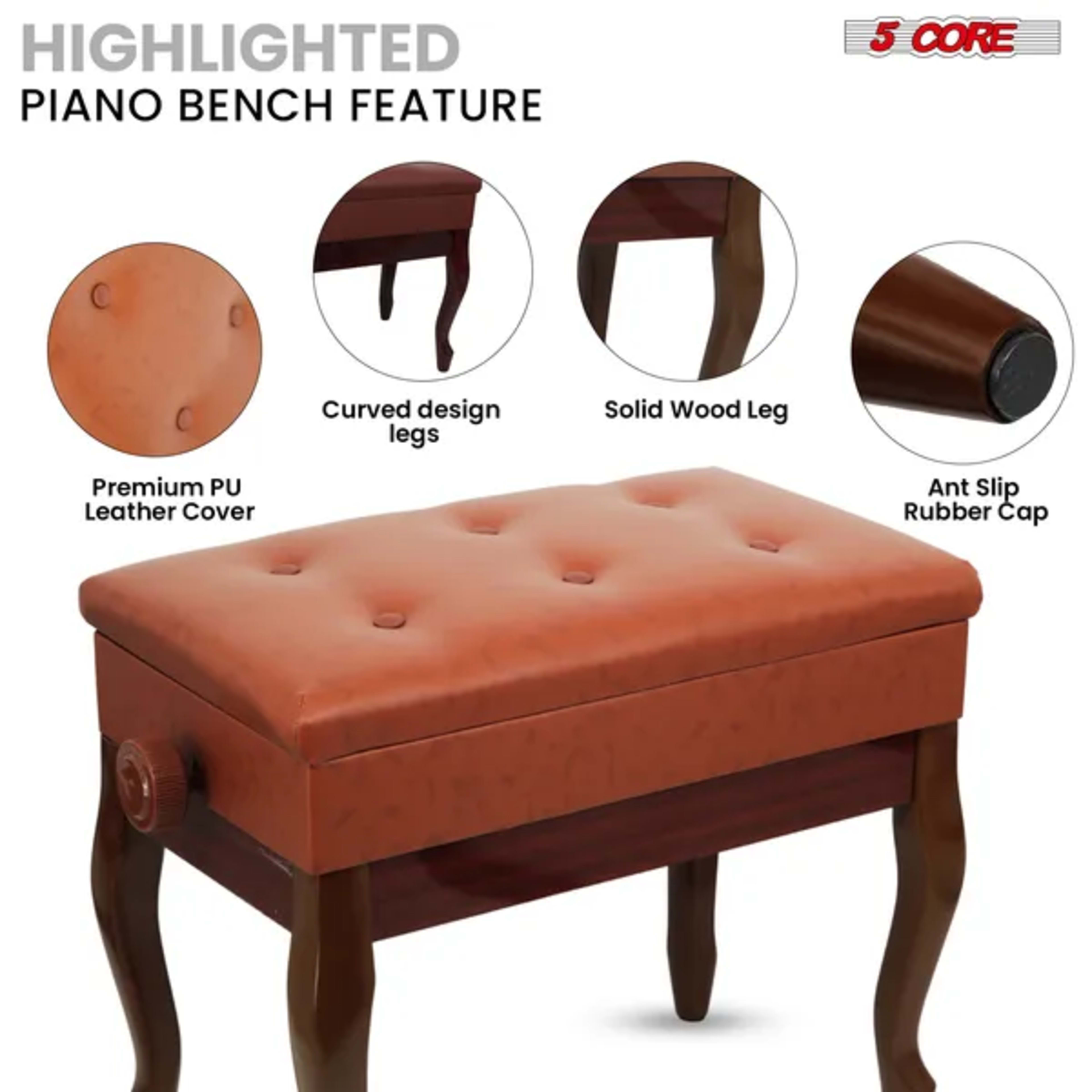 5 Core Piano Bench 3" Padded Cushioned Stool Wooden Heavy Duty Adjustable Musician Chair W Storage - PNB WD HD CML BR 2