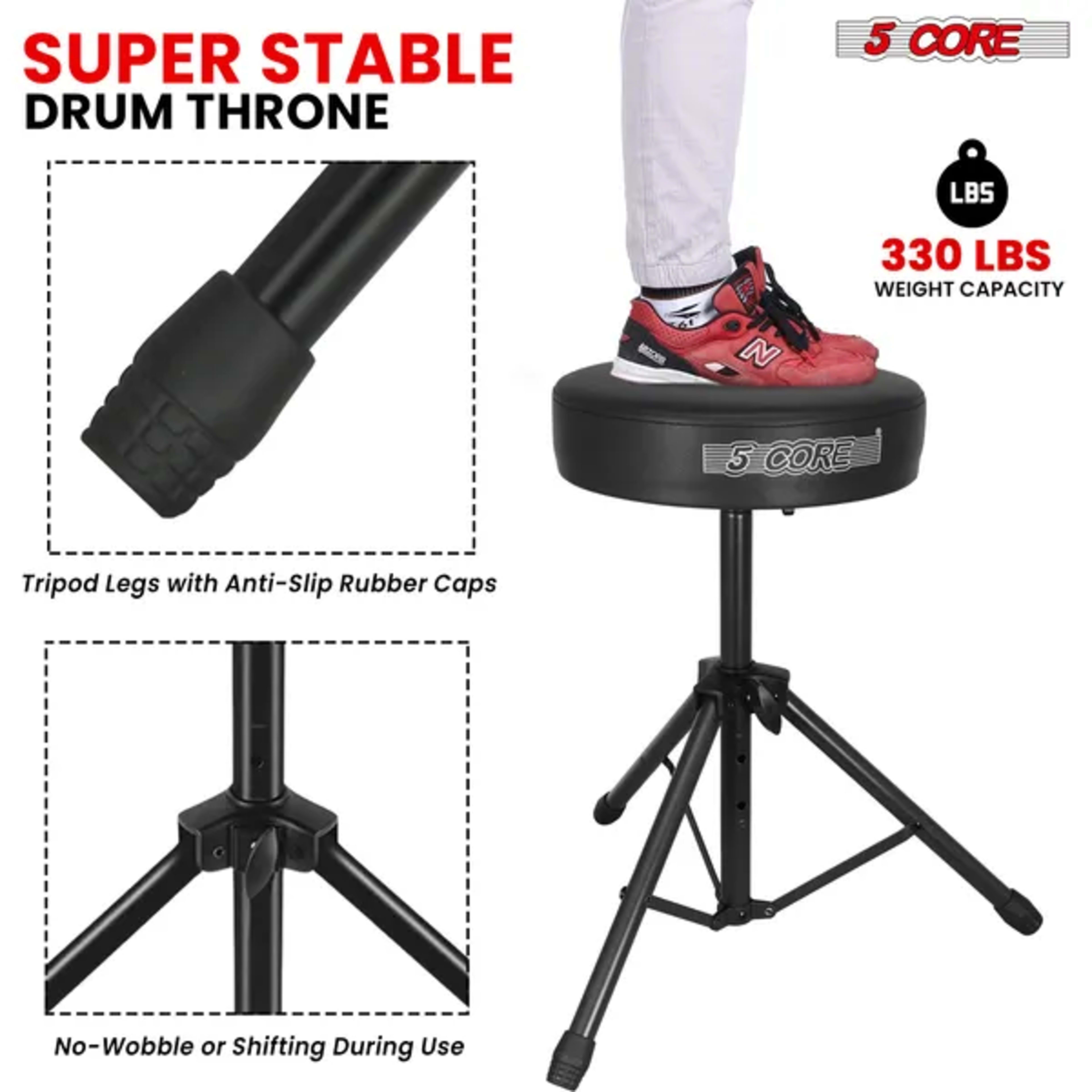 5 Core Drum Throne 3" Thick Padded Memory Foam Comfortable Drummer Stool 330Lb Capacity Adjustable 1