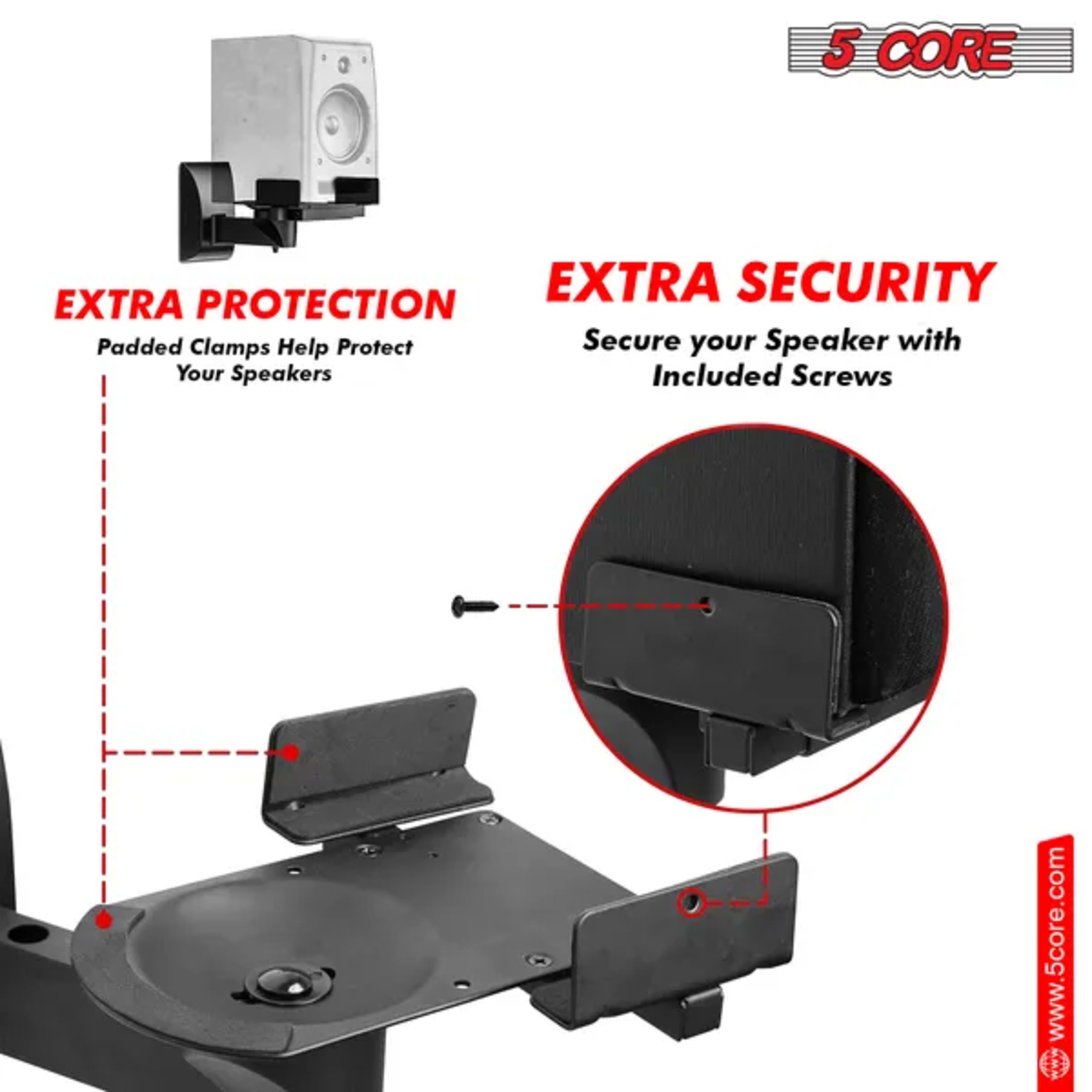 5 CORE Speaker Wall Mount Adjustable Shelf Holder Swivel 180 Degree Bookshelf Brackets - 15 Inch Space For Speakers Pair 1