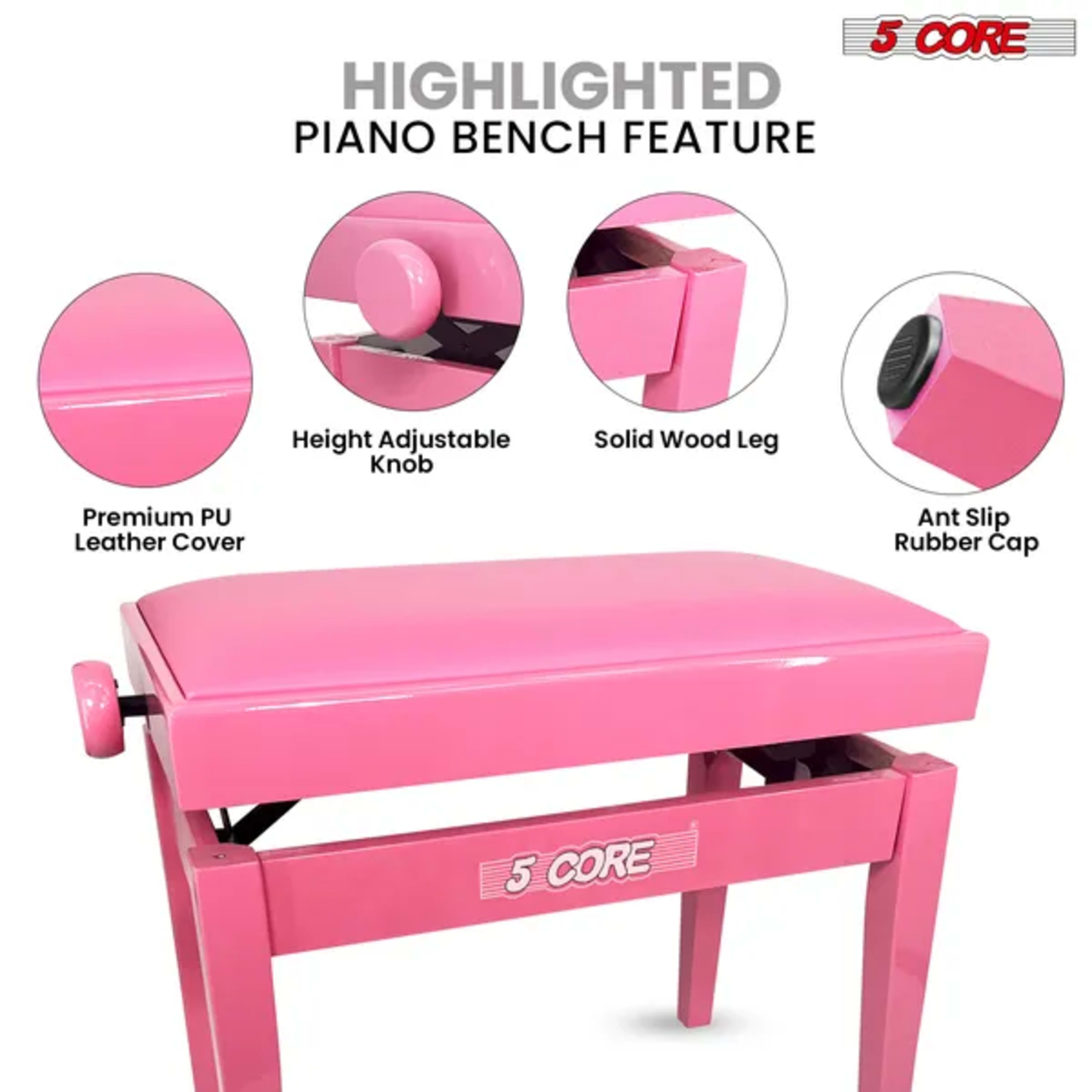 5 Core Adjustable Piano Bench Thick 3.25" Solid Wood Keyboard Stool Heavy Duty Musician Chair 4