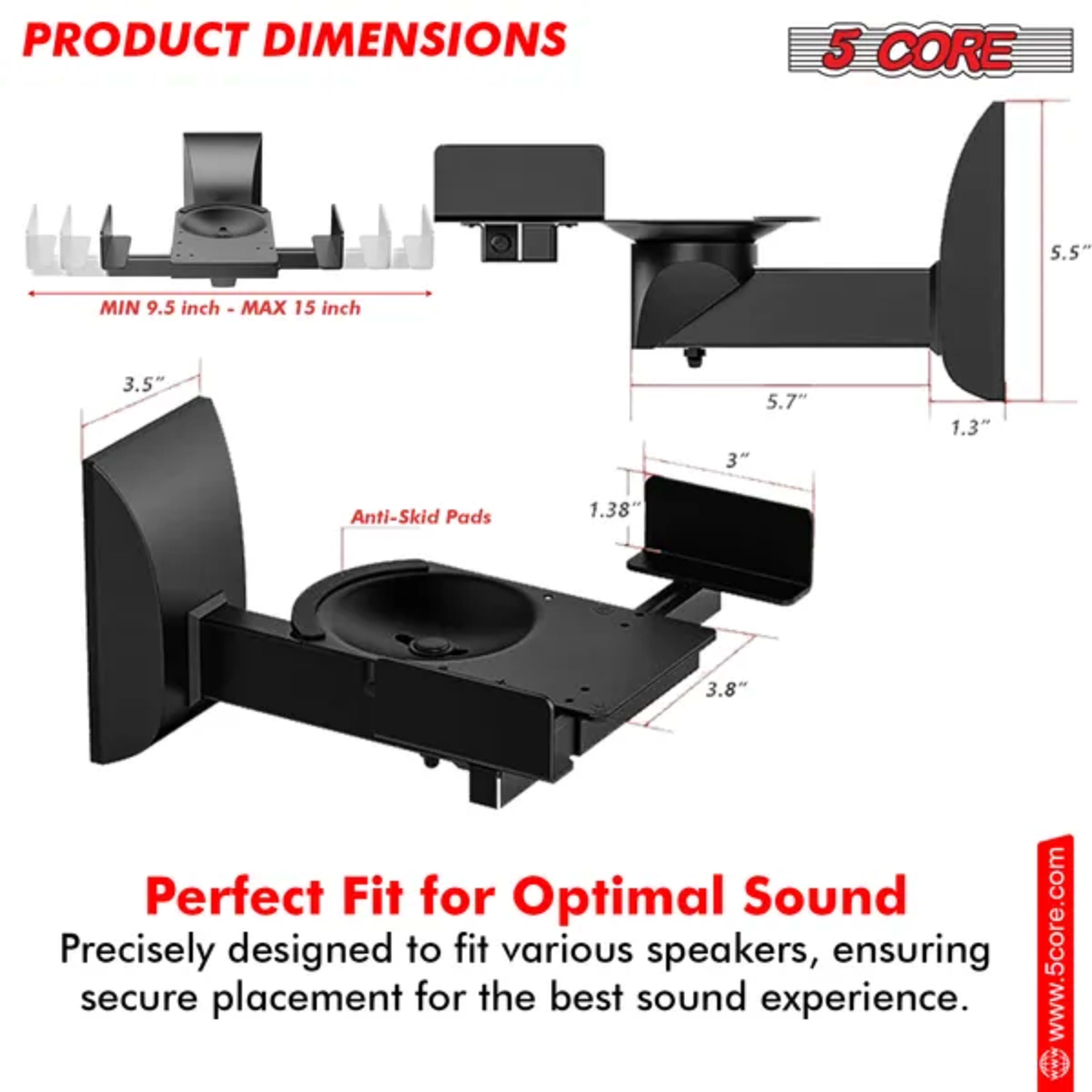 5 CORE Speaker Wall Mount Adjustable Shelf Holder Swivel 180 Degree Bookshelf Brackets - 15 Inch Space For Speakers Pair 5