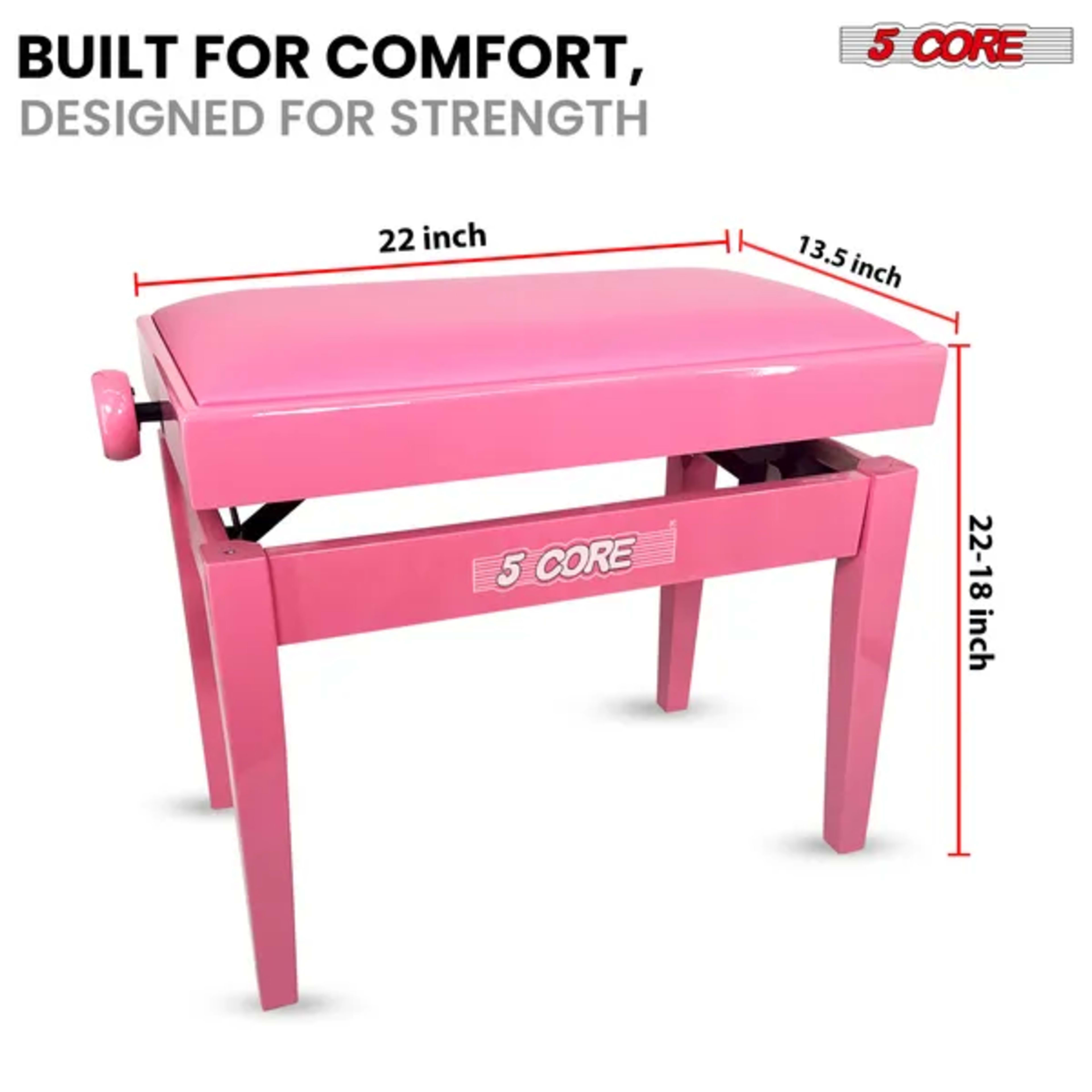5 Core Adjustable Piano Bench Thick 3.25" Solid Wood Keyboard Stool Heavy Duty Musician Chair 5