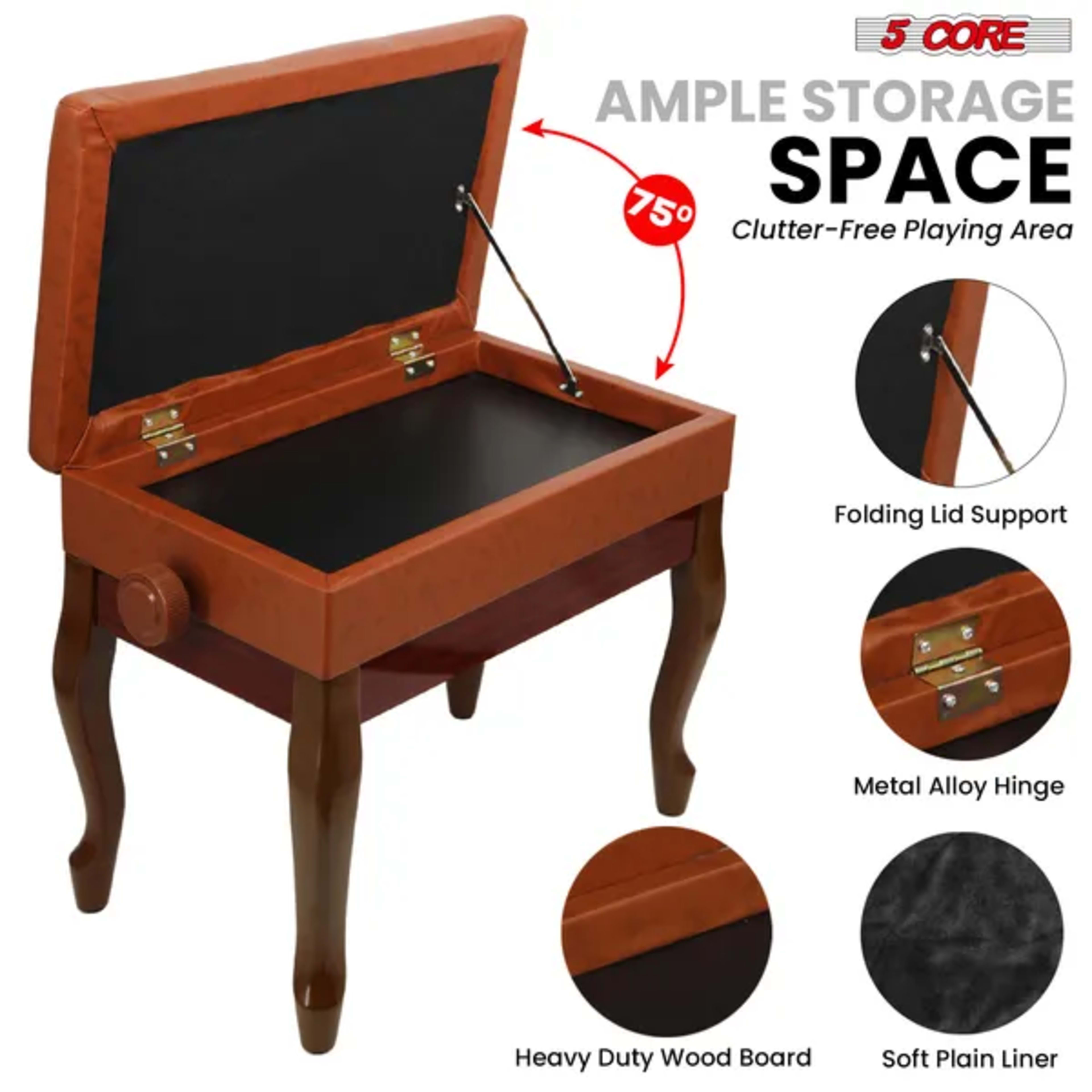 5 Core Piano Bench 3" Padded Cushioned Stool Wooden Heavy Duty Adjustable Musician Chair W Storage - PNB WD HD CML BR 3