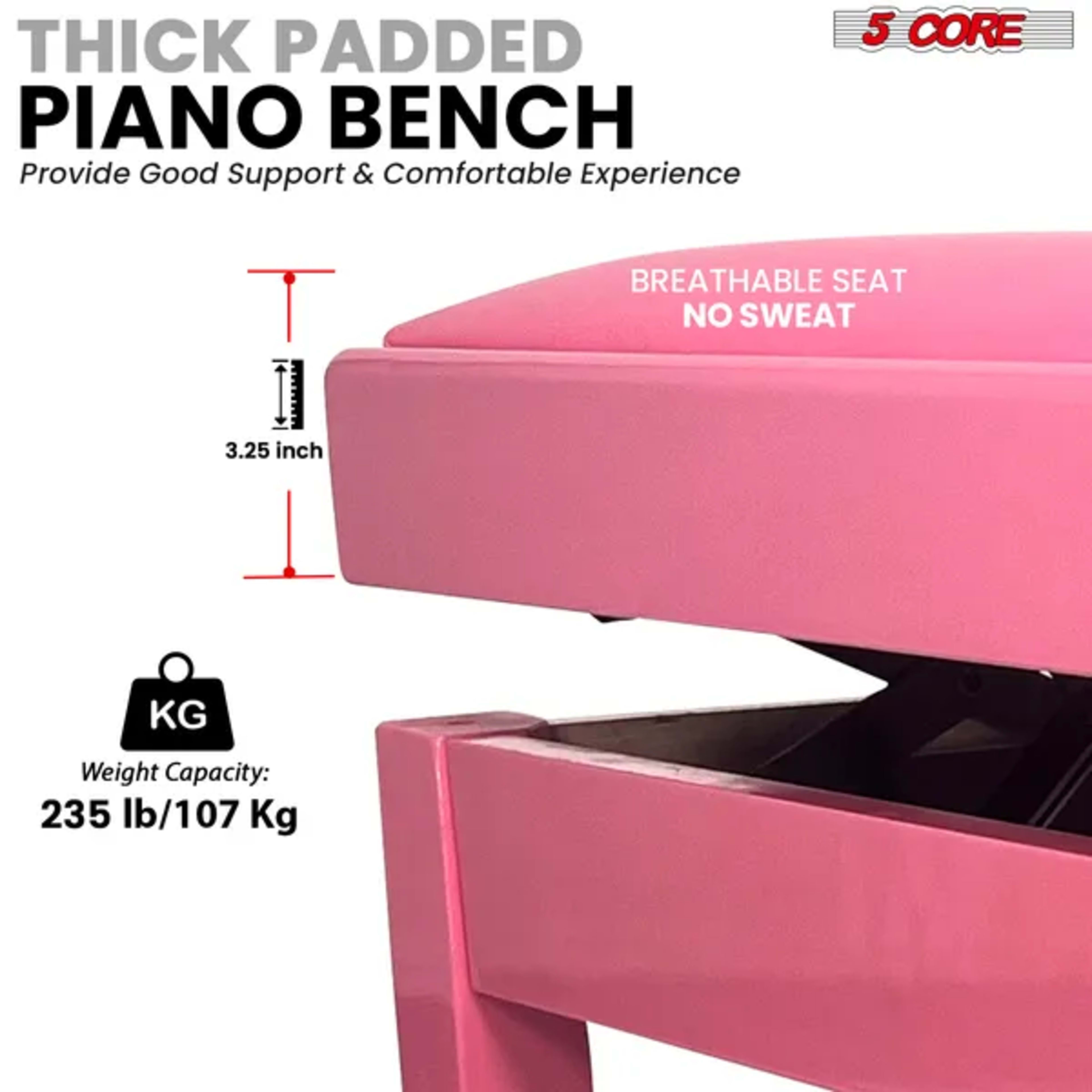 5 Core Adjustable Piano Bench Thick 3.25" Solid Wood Keyboard Stool Heavy Duty Musician Chair 1