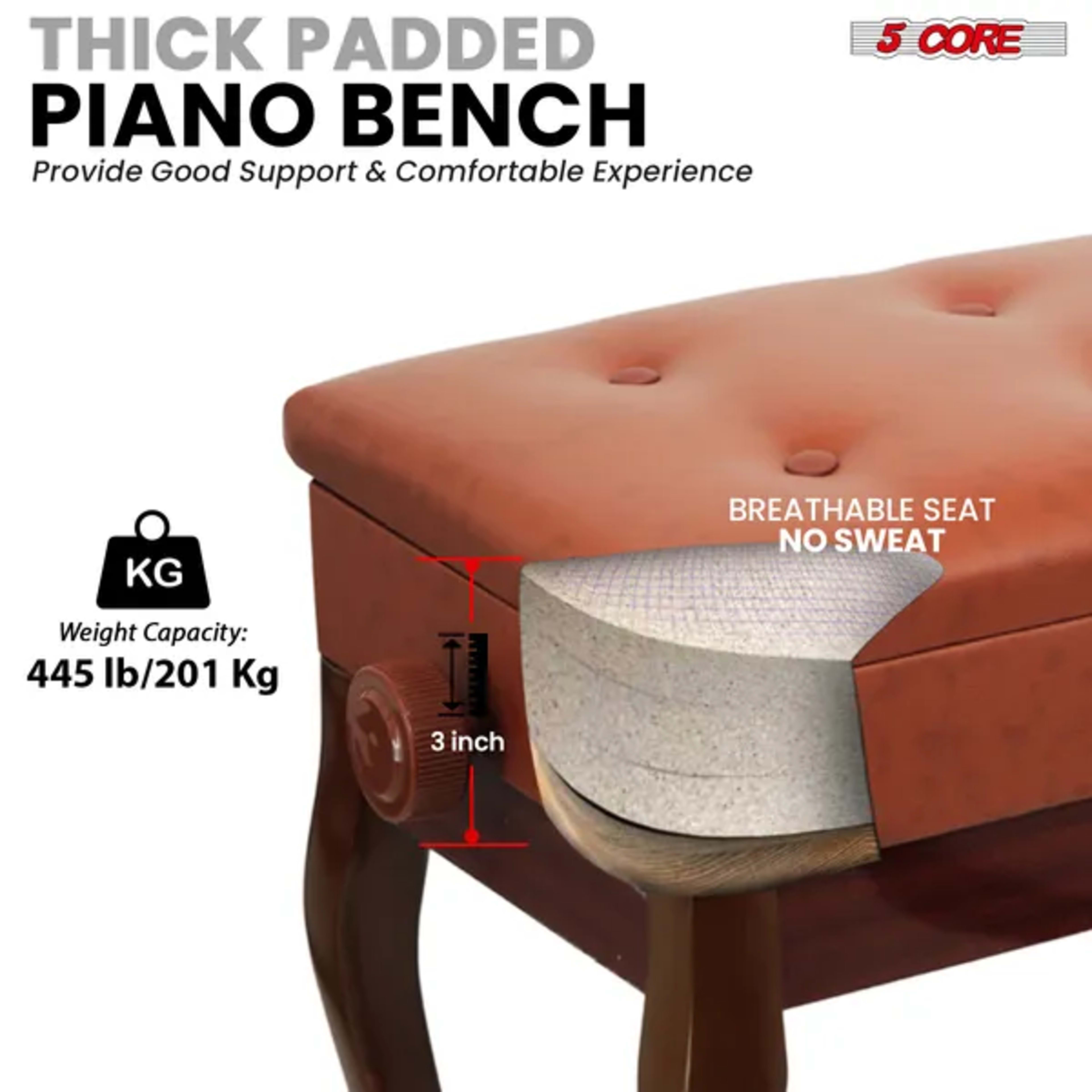 5 Core Piano Bench 3" Padded Cushioned Stool Wooden Heavy Duty Adjustable Musician Chair W Storage - PNB WD HD CML BR 4