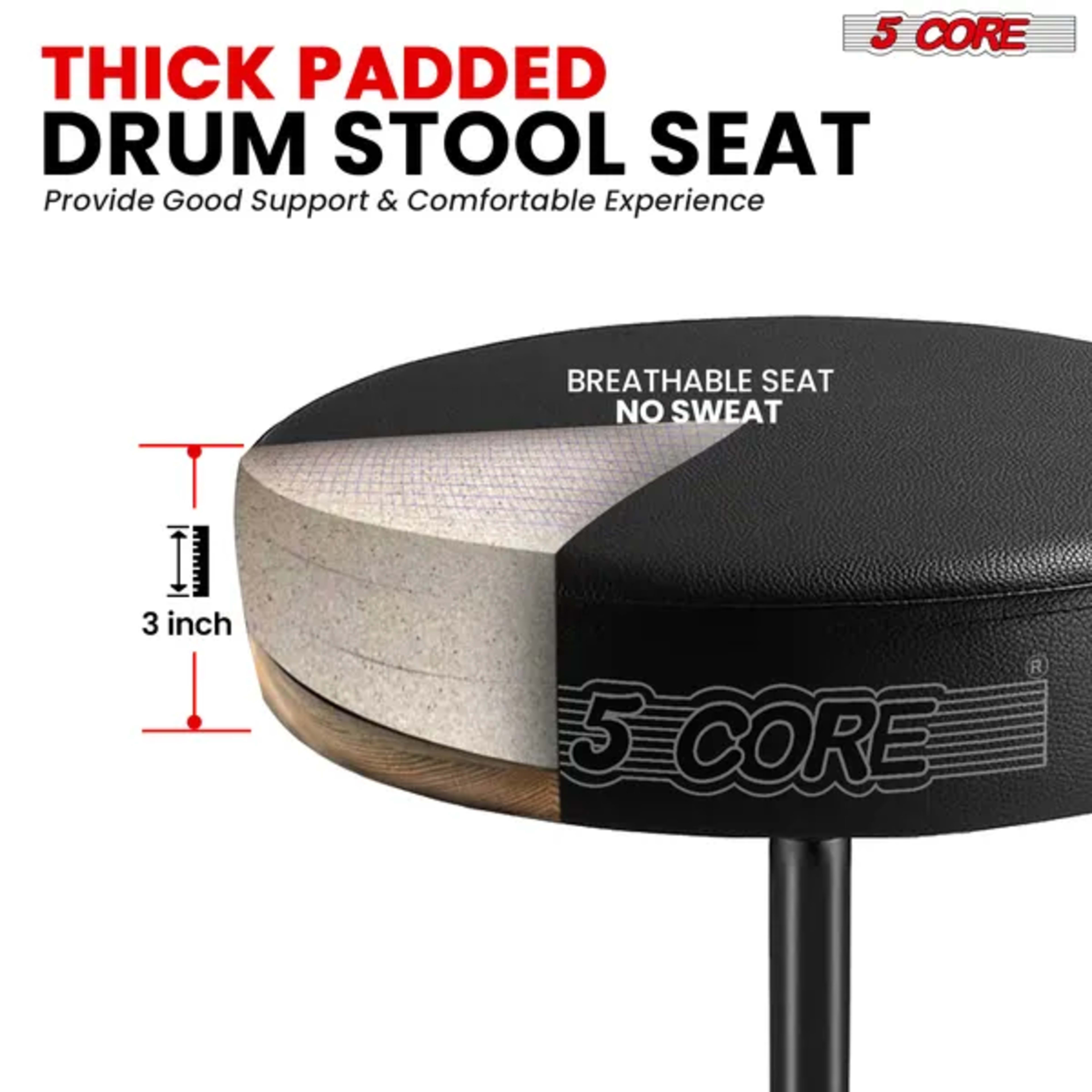 5 Core Drum Throne 3" Thick Padded Memory Foam Comfortable Drummer Stool 330Lb Capacity Adjustable 5