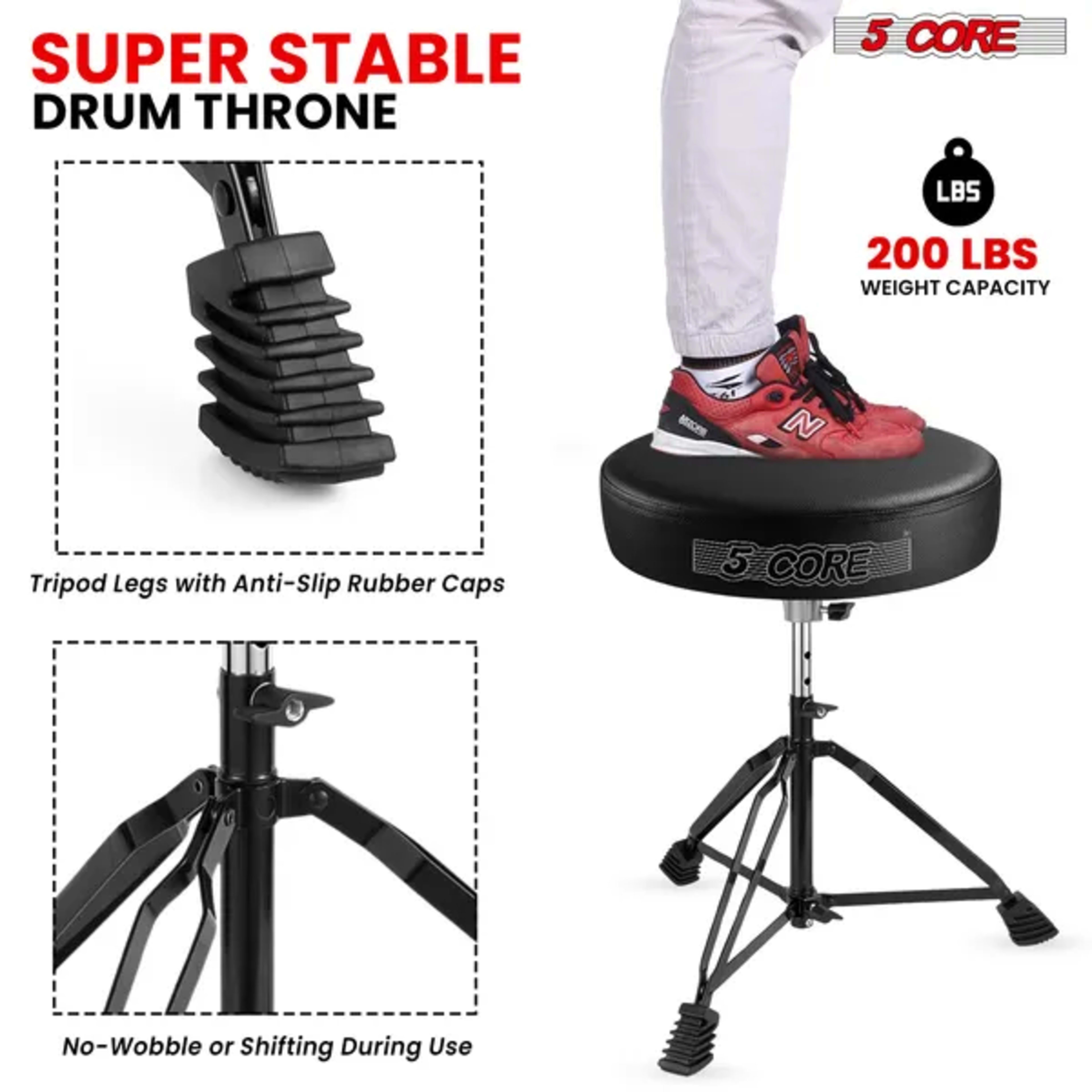 5 Core Drum Throne 3 Inch Thick Padded Comfortable Guitar Stool Double Braced Drummer Chair Height Adjustable Musician S 5