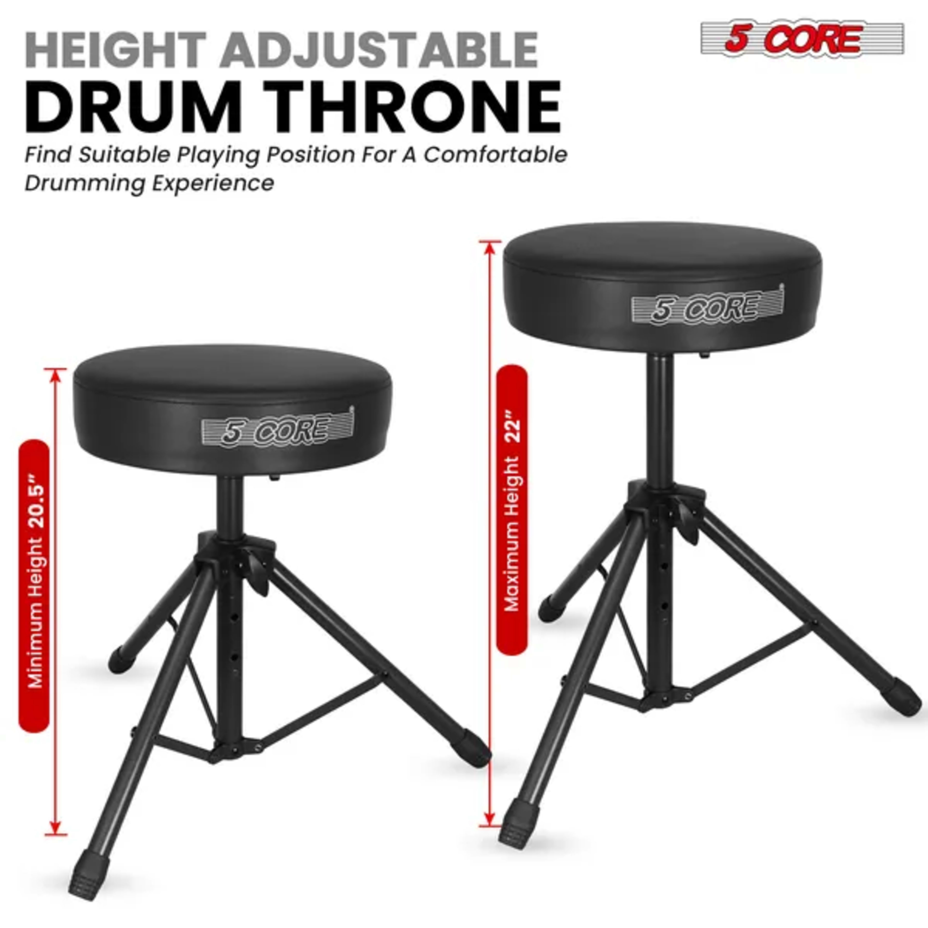 5 Core Drum Throne 3" Thick Padded Memory Foam Comfortable Drummer Stool 330Lb Capacity Adjustable 4