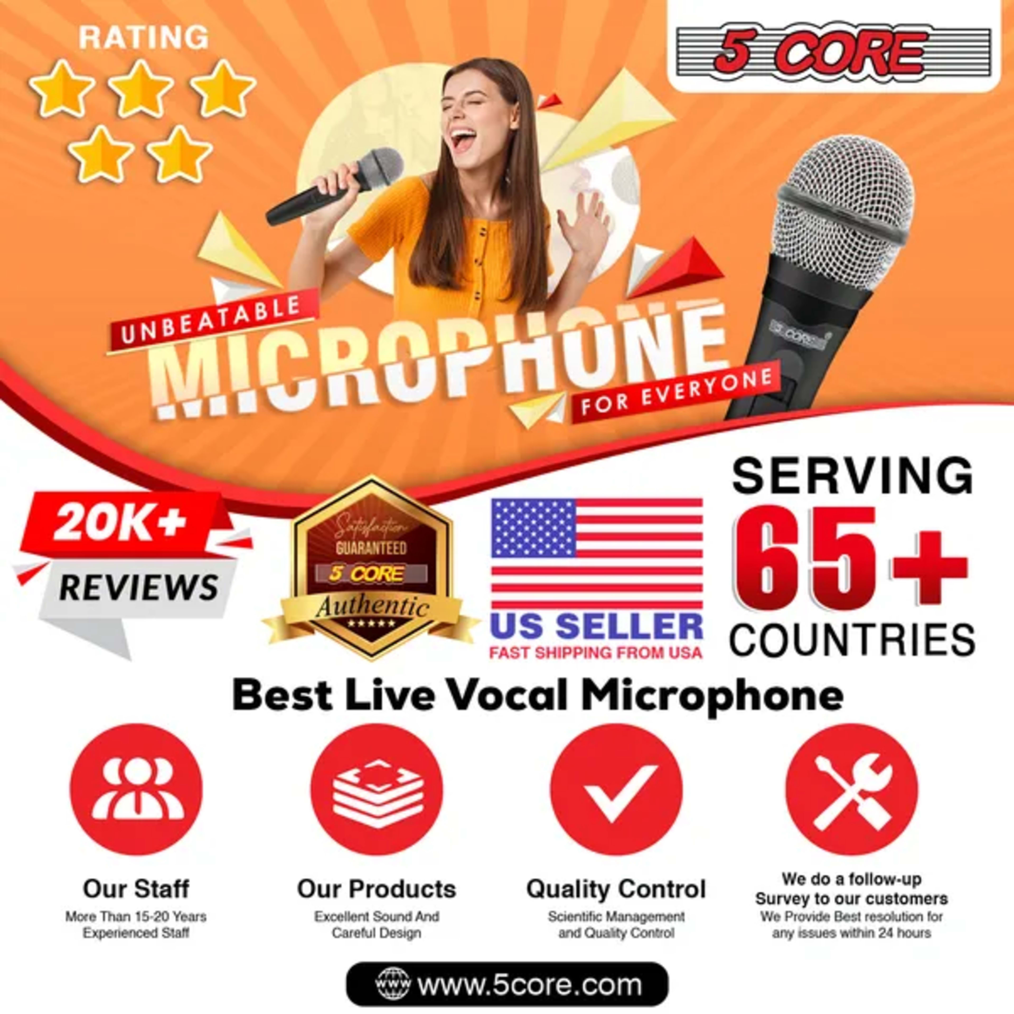 5 CORE Microphone Dynamic Vocal Handheld Mic Cardioid Unidirectional Microfono W On Off Switch + XLR Audio Cable For Sin 5